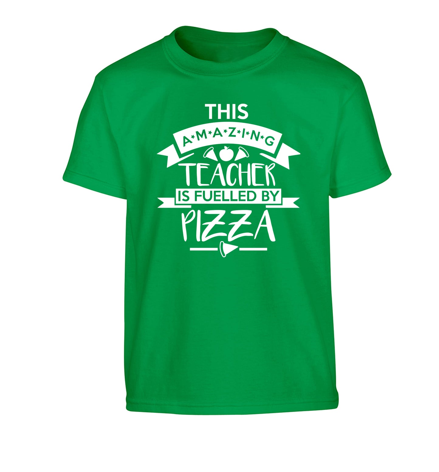 This amazing teacher is fuelled by pizza Children's green Tshirt 12-13 Years