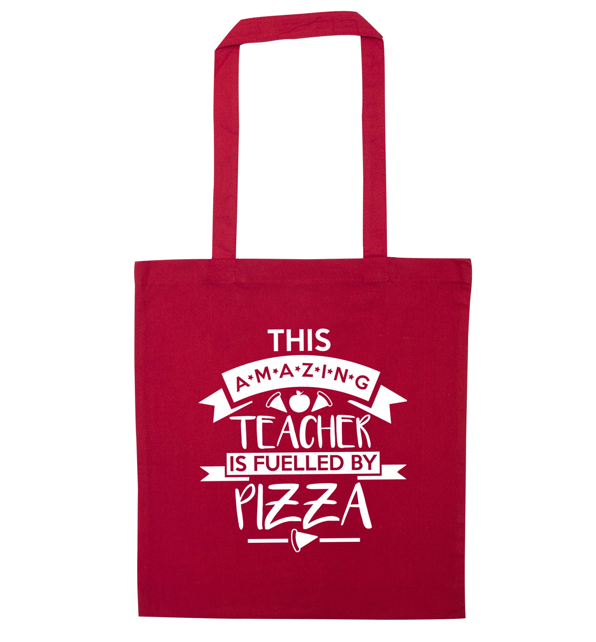 This amazing teacher is fuelled by pizza red tote bag