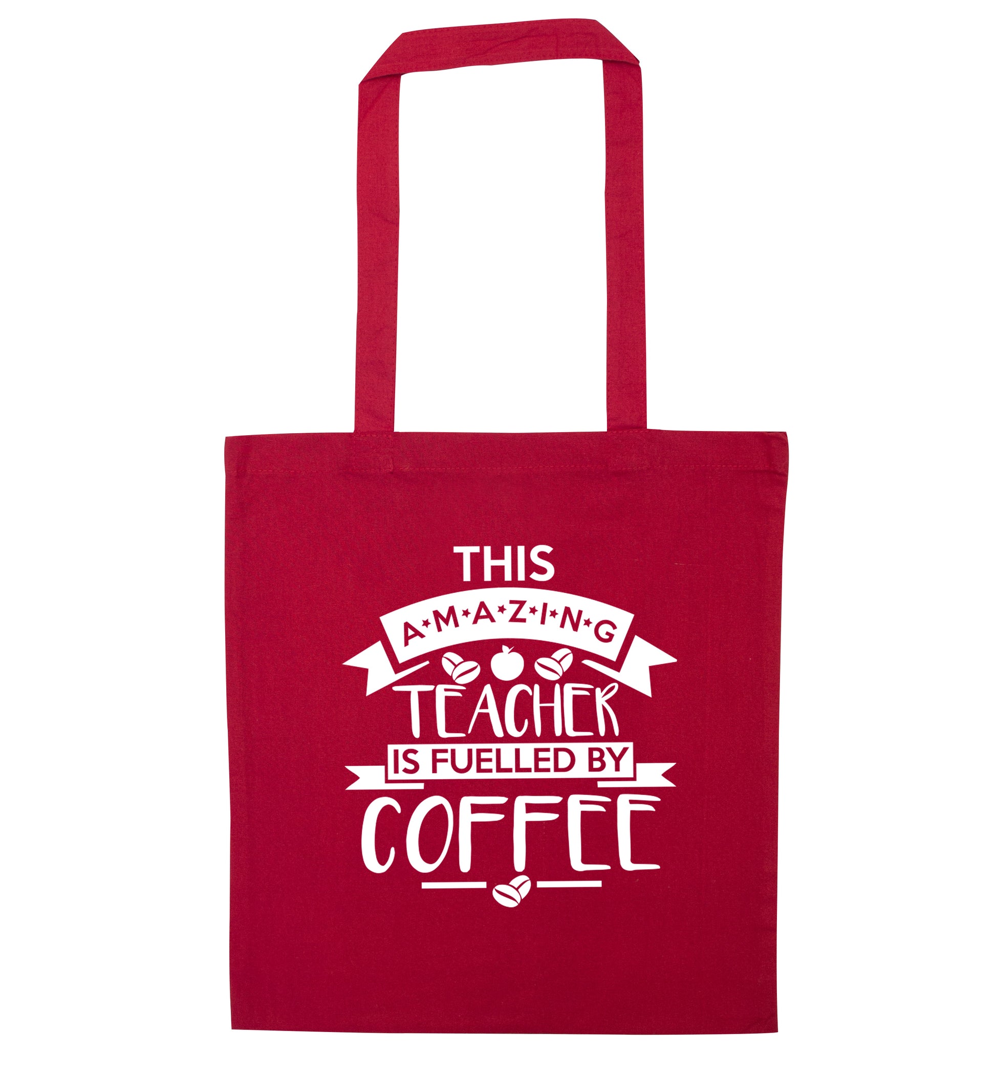 This amazing teacher is fuelled by coffee red tote bag