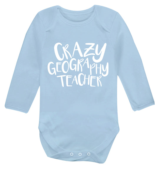 Crazy geography teacher Baby Vest long sleeved pale blue 6-12 months