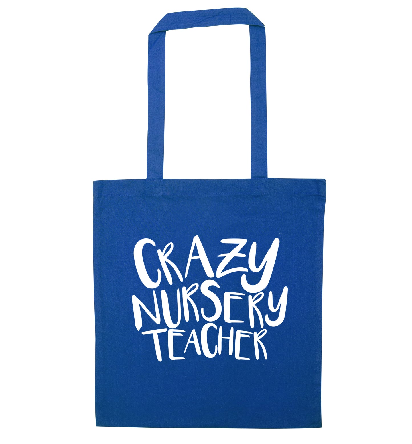 Crazy nursery teacher blue tote bag