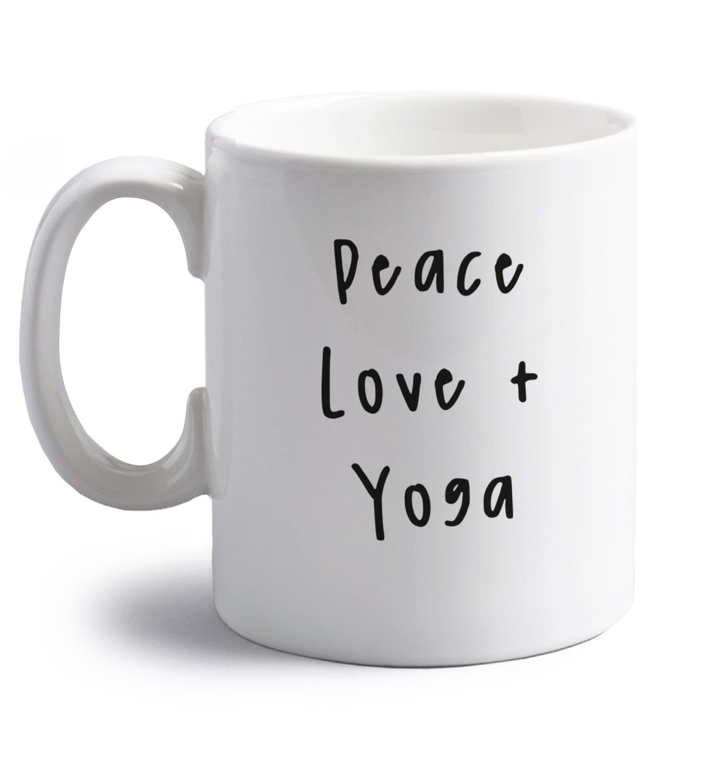 Peace love and yoga right handed white ceramic mug 
