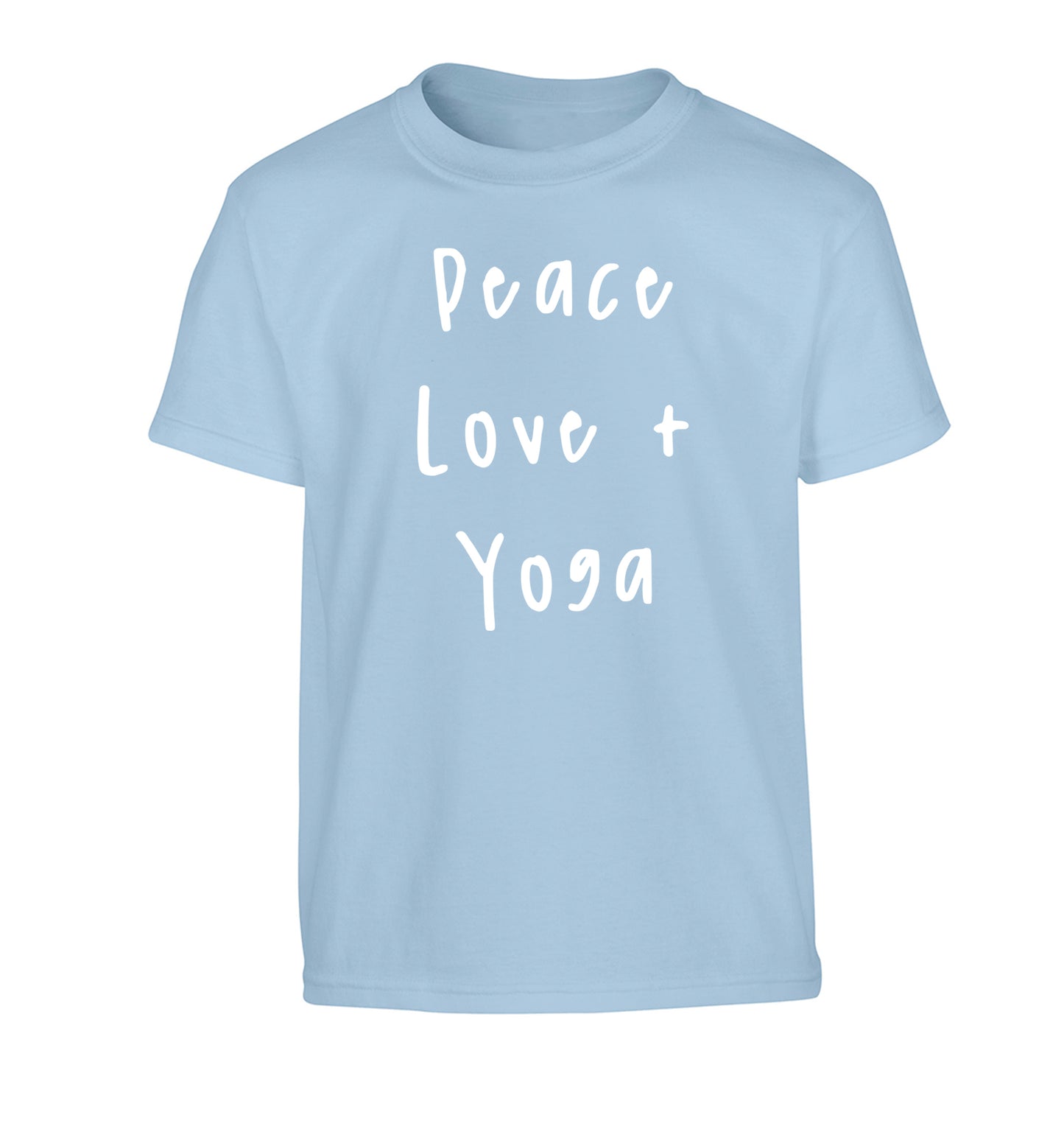 Peace love and yoga Children's light blue Tshirt 12-13 Years