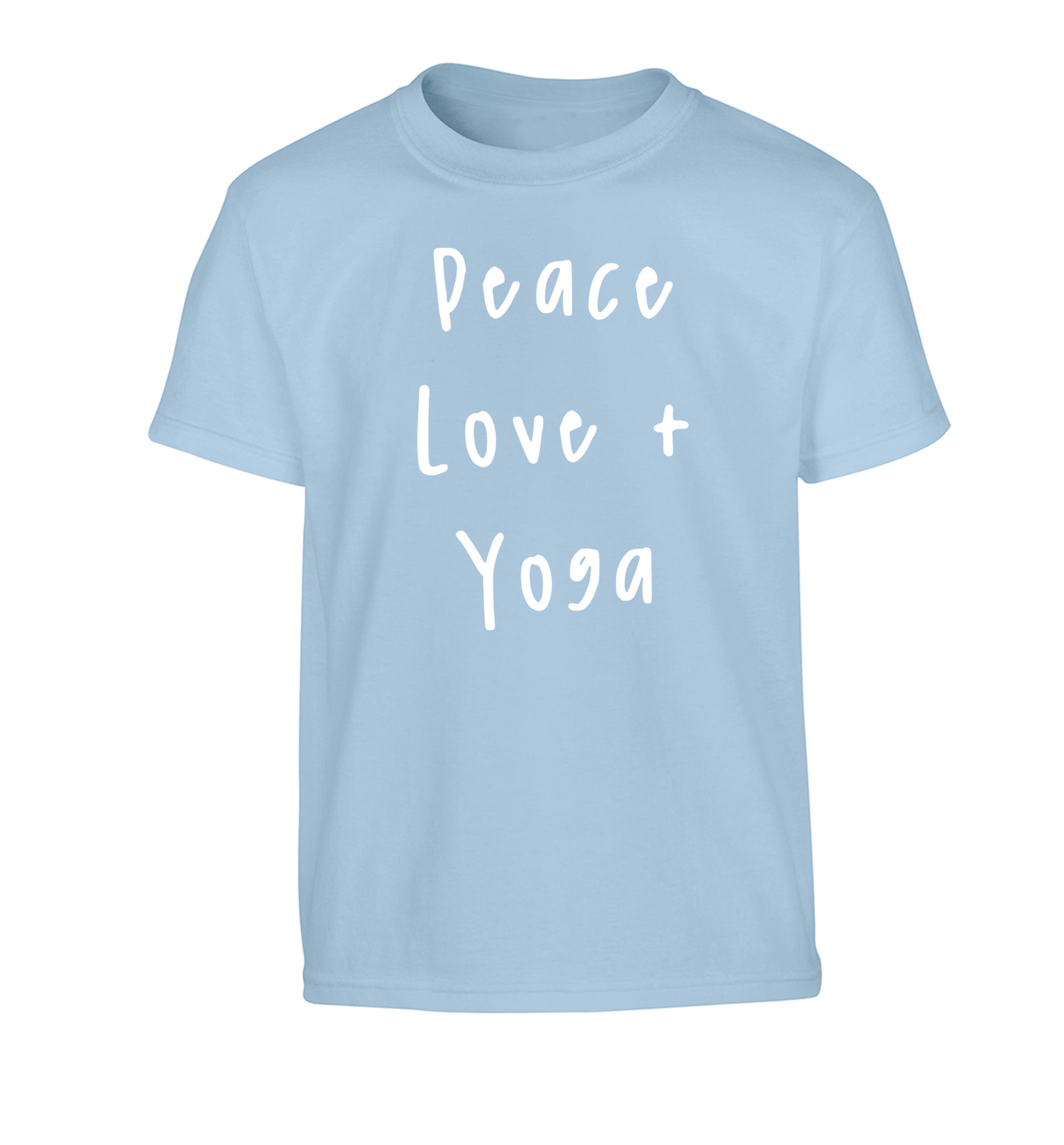 Peace love and yoga Children's light blue Tshirt 12-13 Years