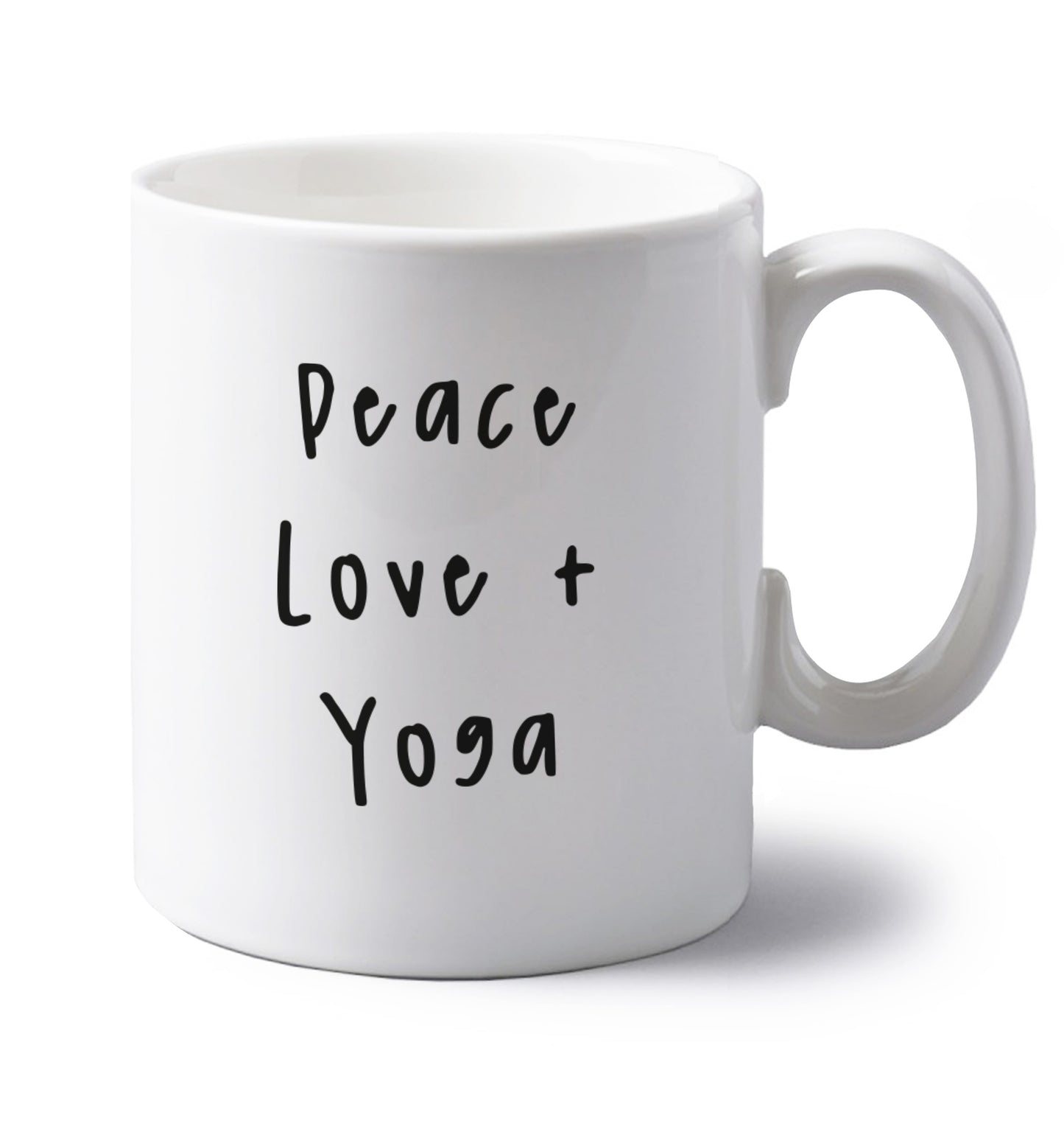 Peace love and yoga left handed white ceramic mug 