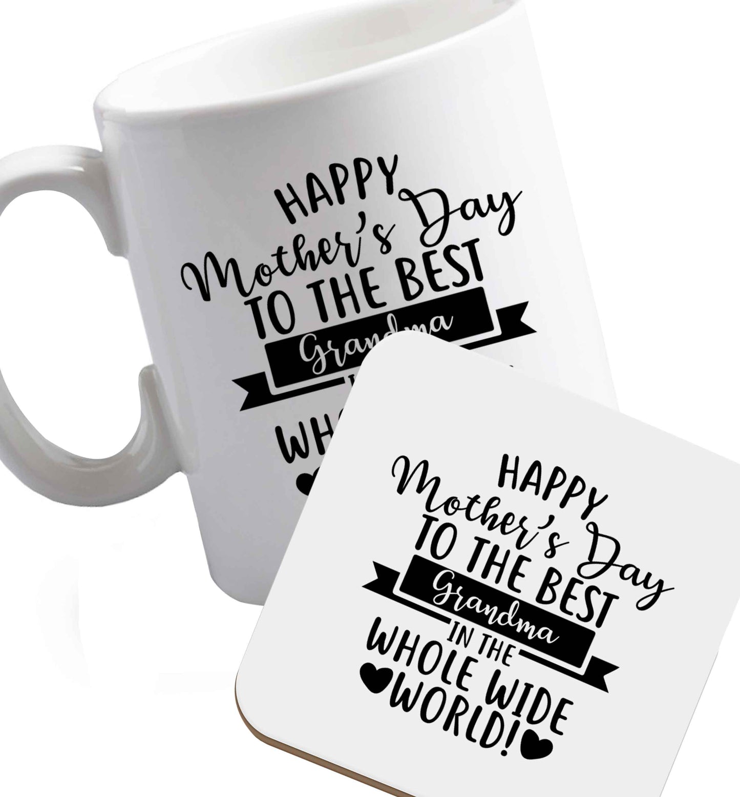 10 oz Happy mother's day to the best grandma in the world ceramic mug and coaster set right handed