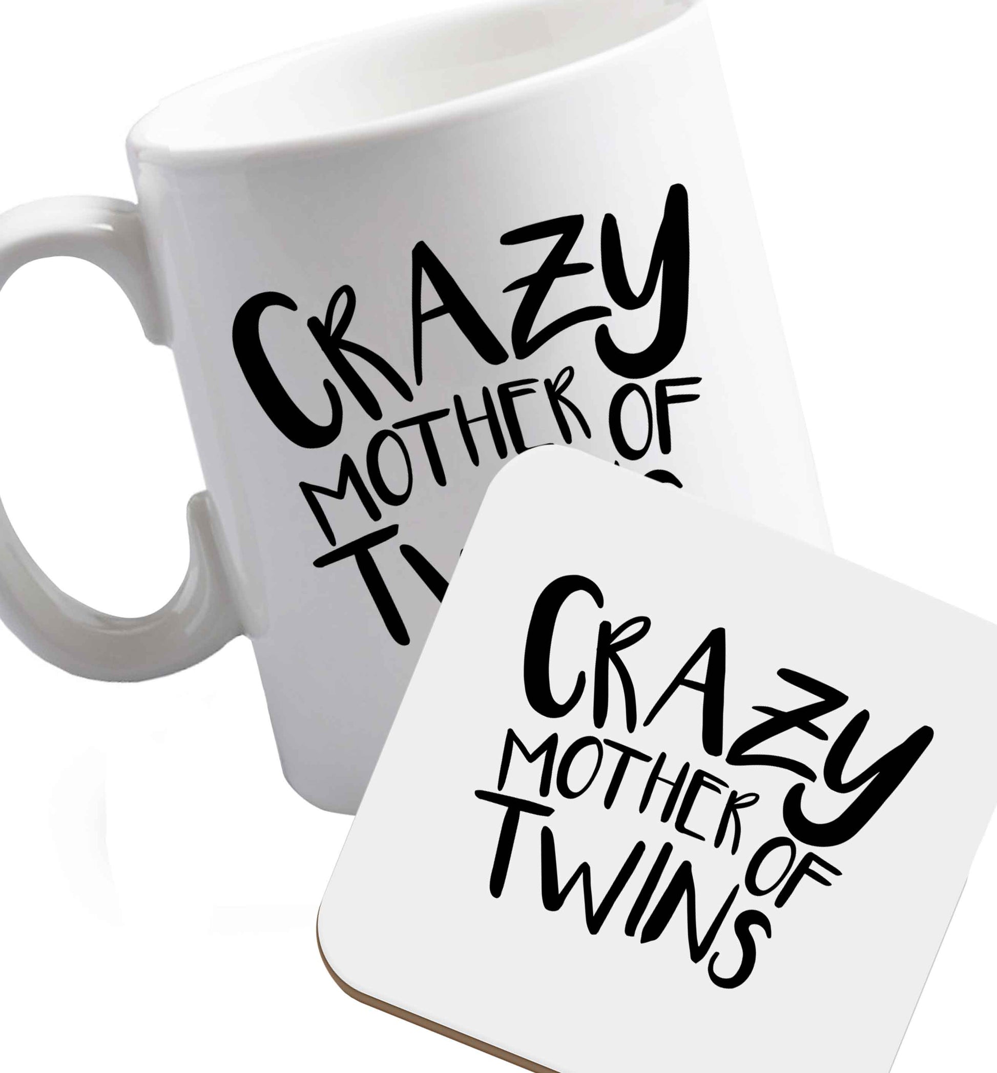 10 oz Crazy mother of twins ceramic mug and coaster set right handed