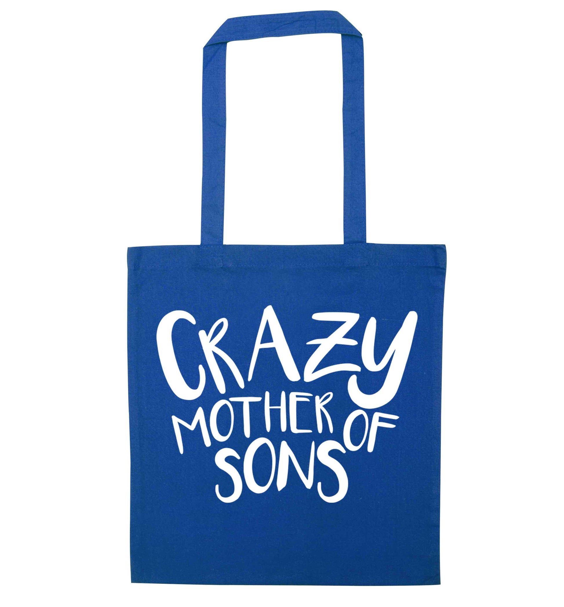 Crazy mother of sons blue tote bag