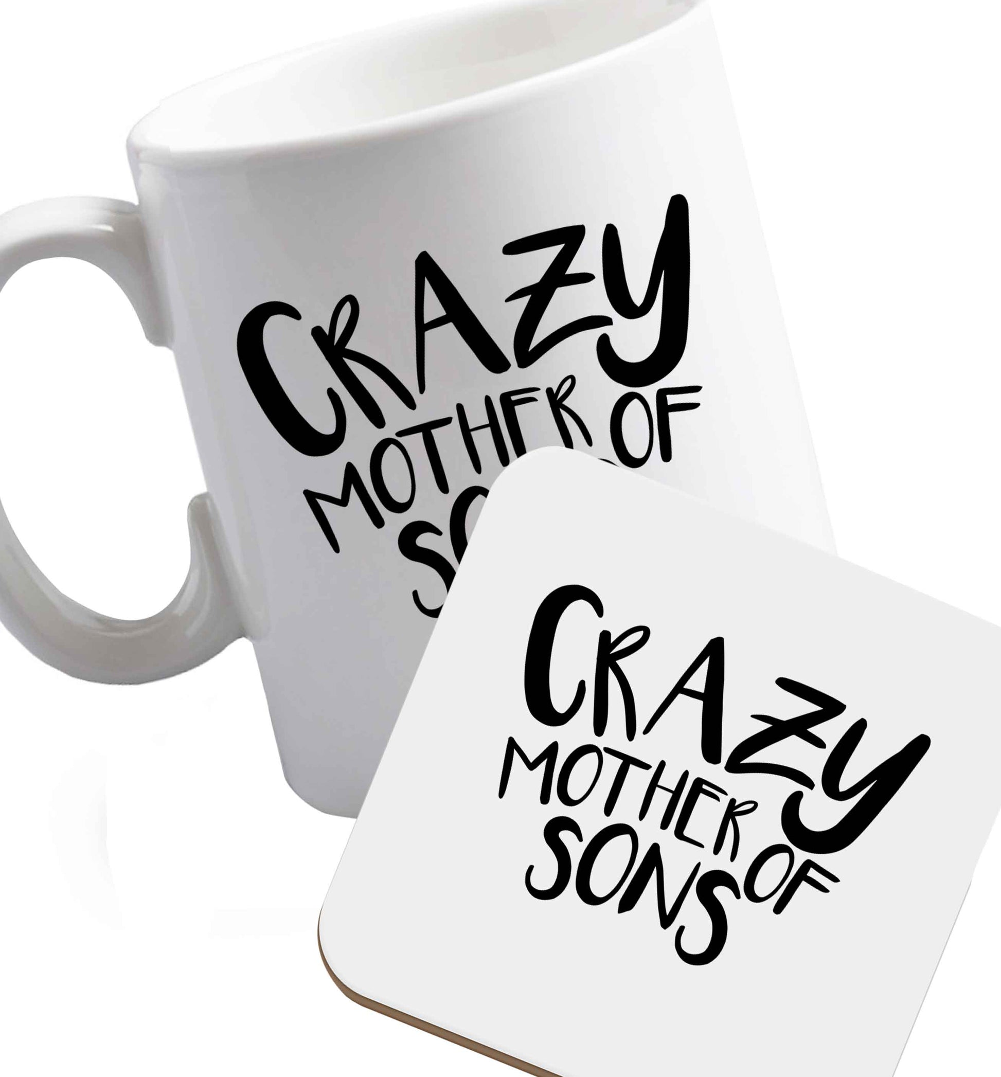 10 oz Crazy mother of sons ceramic mug and coaster set right handed