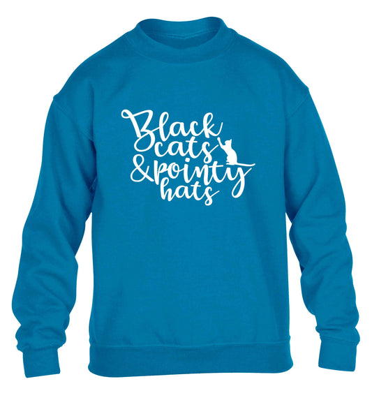 Black cats and pointy hats children's blue sweater 12-13 Years