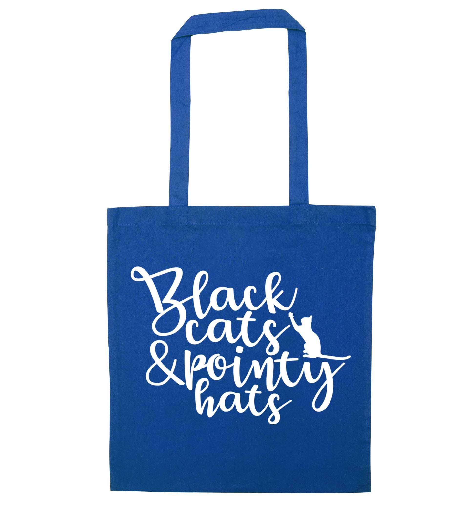 Black cats and pointy hats blue tote bag
