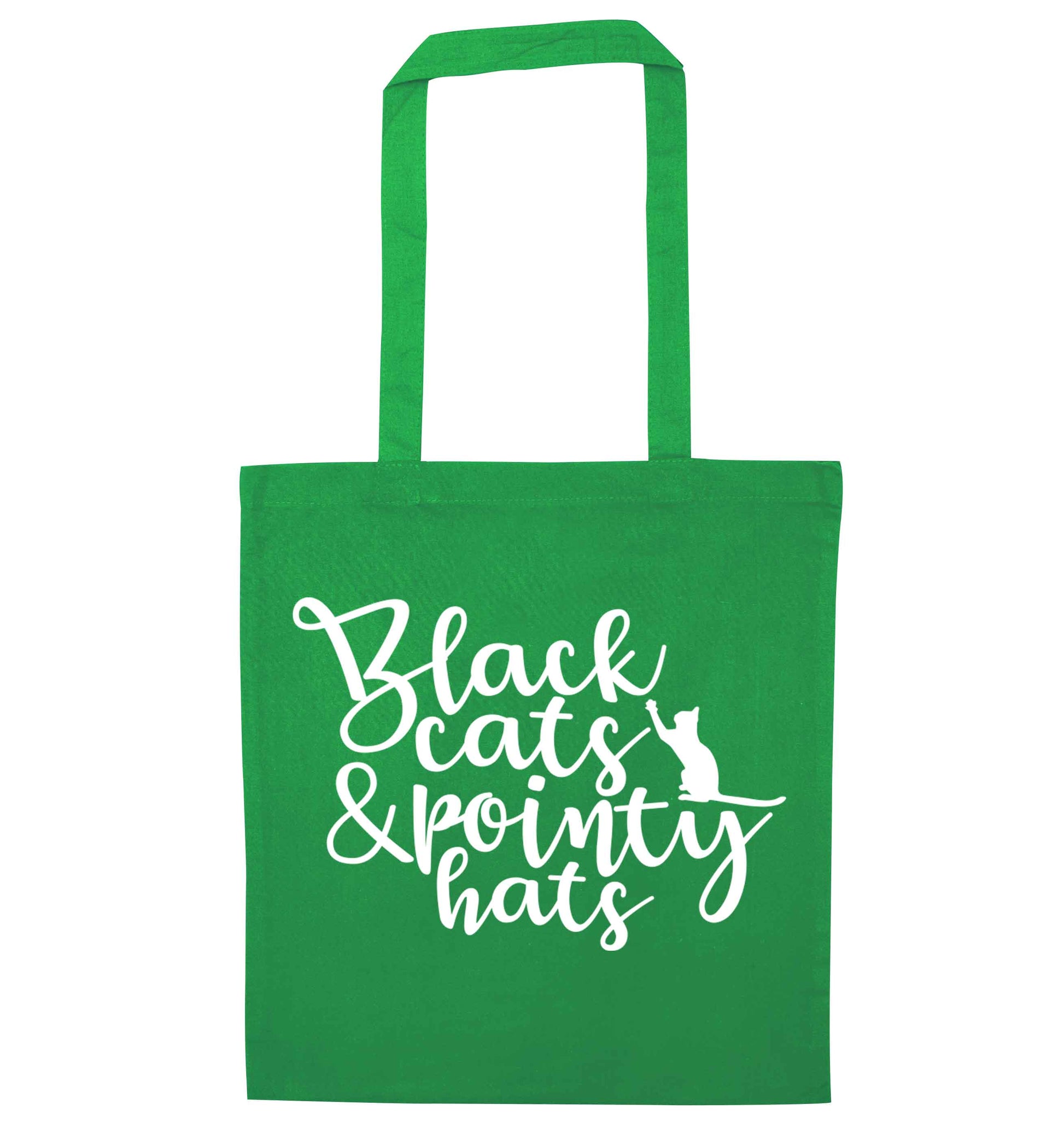 Black cats and pointy hats green tote bag