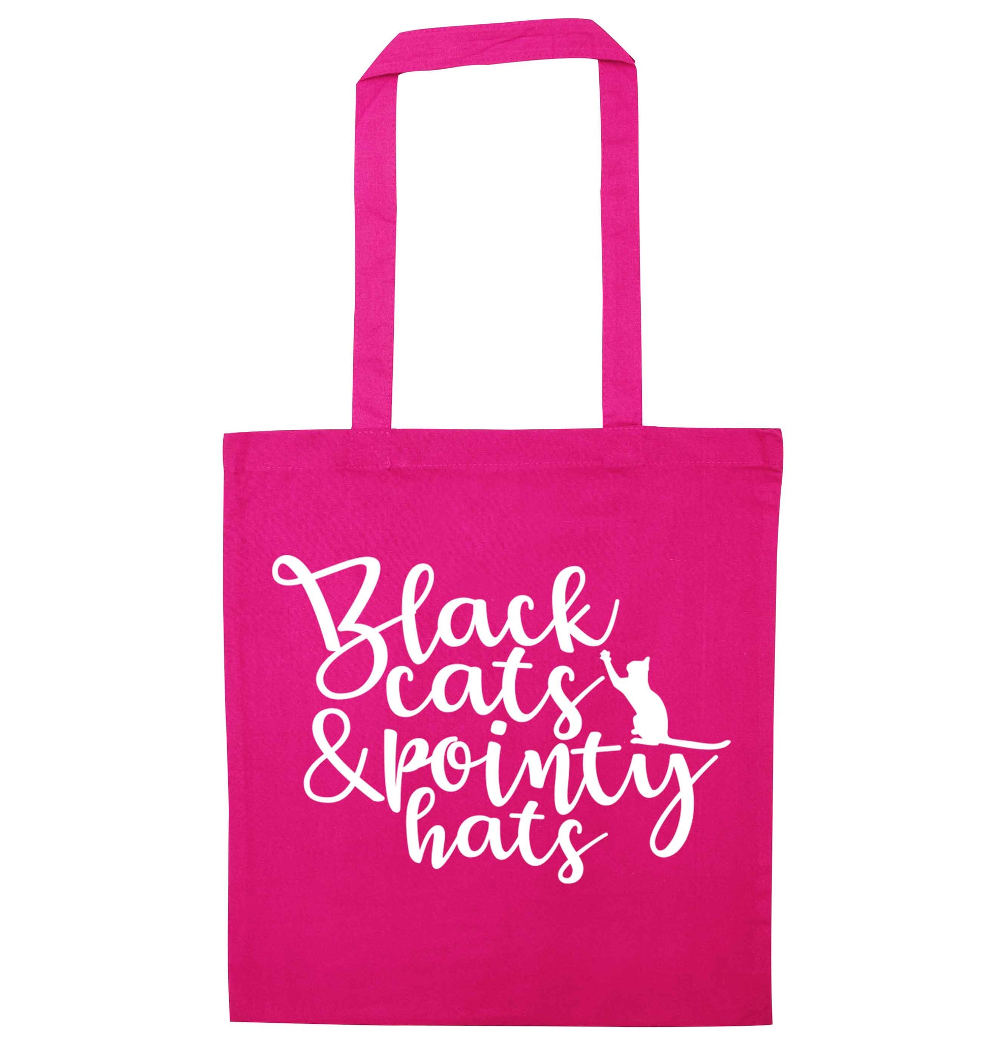 Black cats and pointy hats pink tote bag