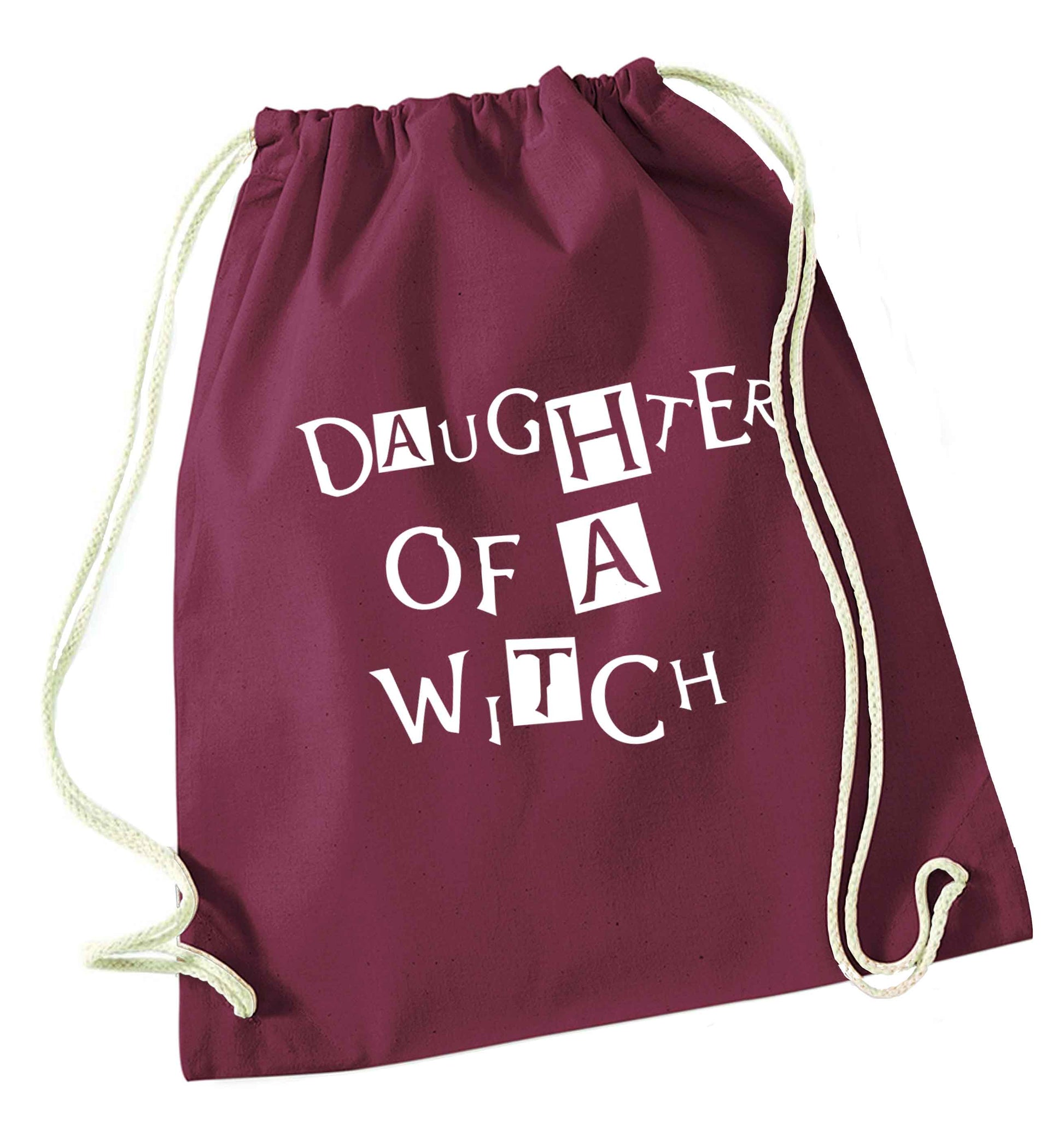 Daughter of a witch maroon drawstring bag