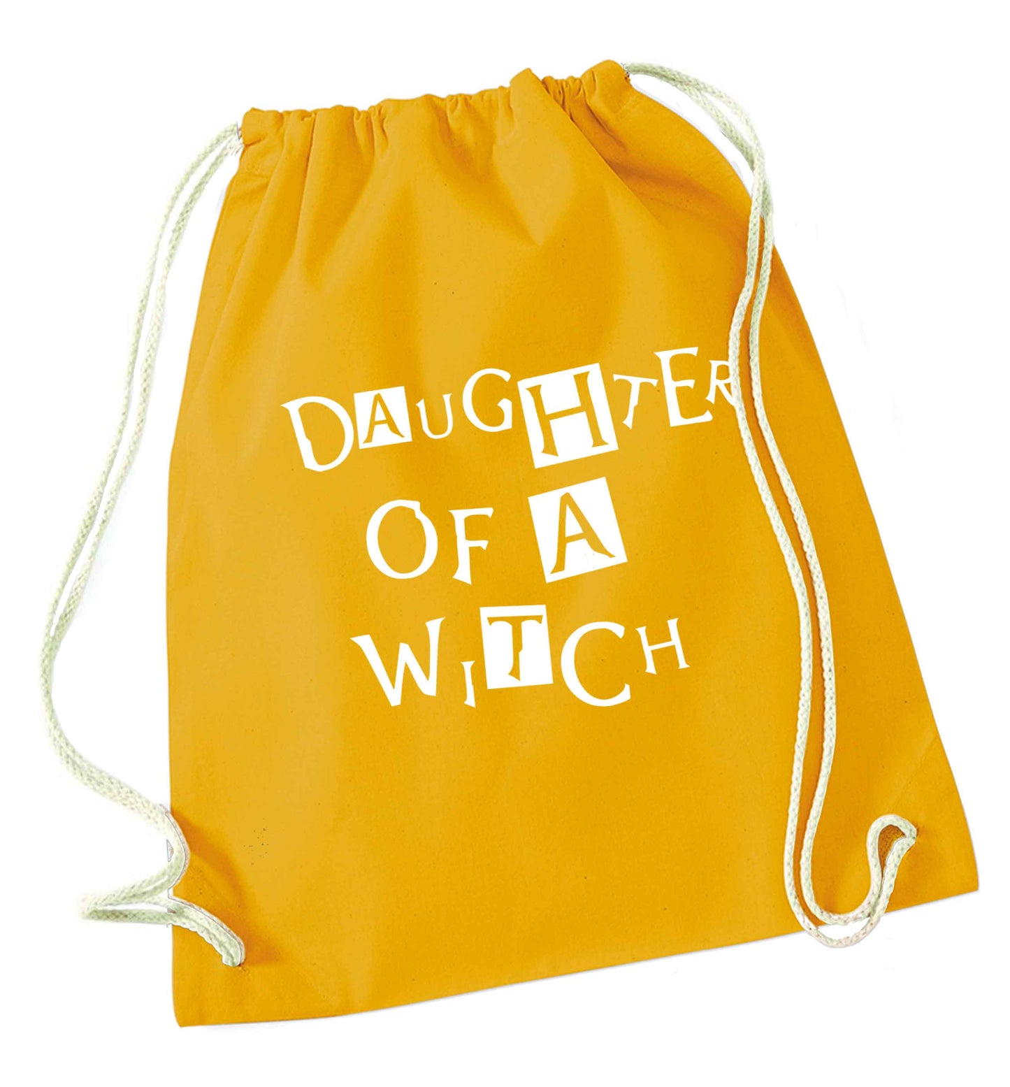 Daughter of a witch mustard drawstring bag