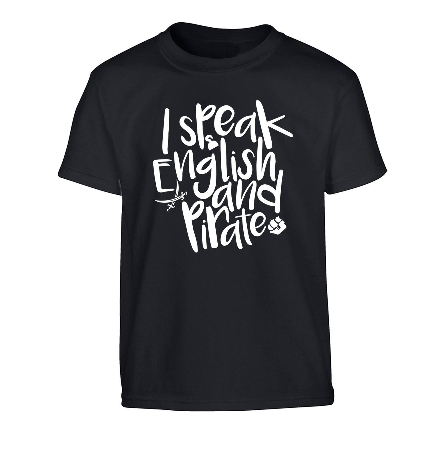 I speak English and pirate Children's black Tshirt 12-13 Years