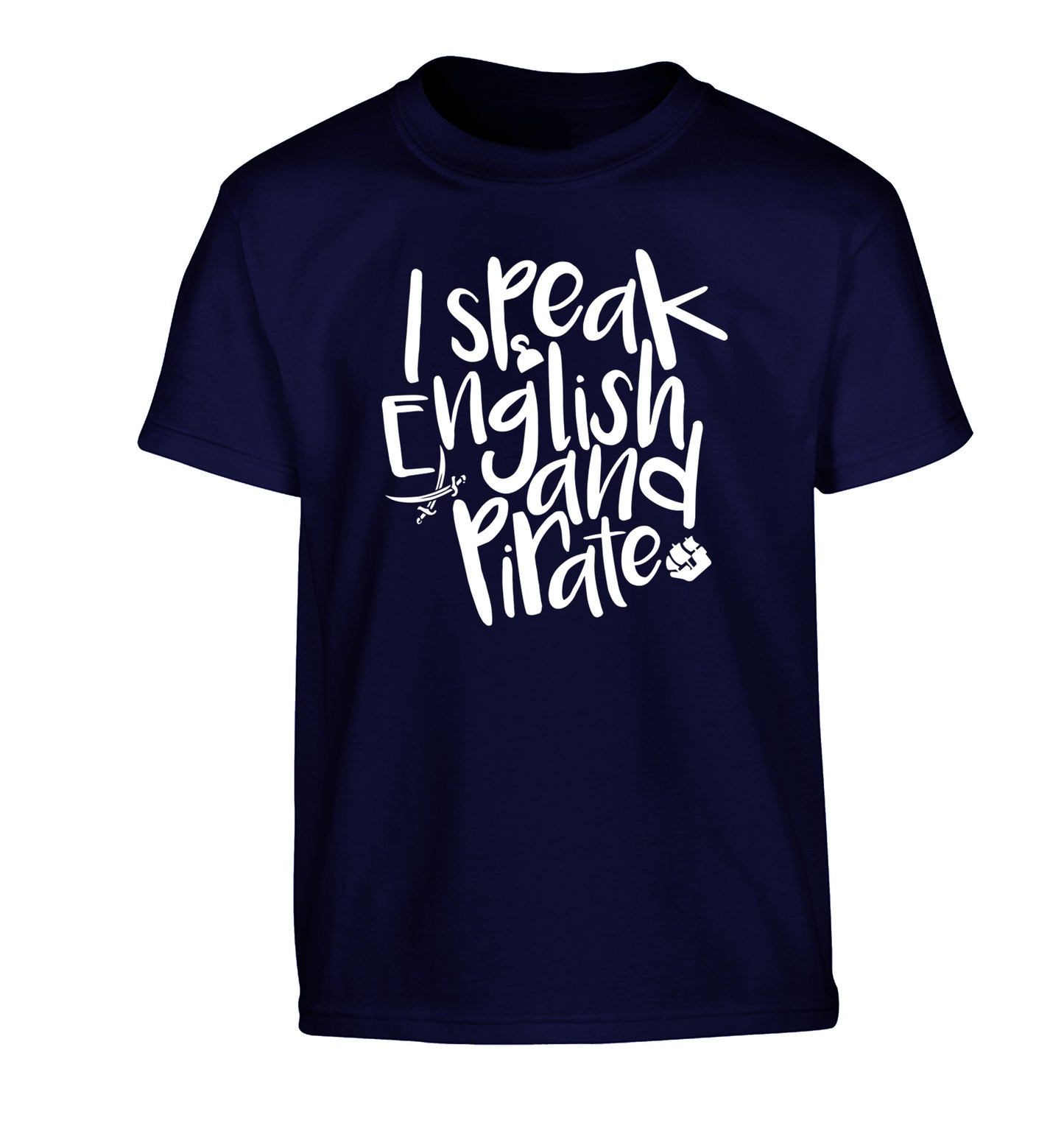 I speak English and pirate Children's navy Tshirt 12-13 Years