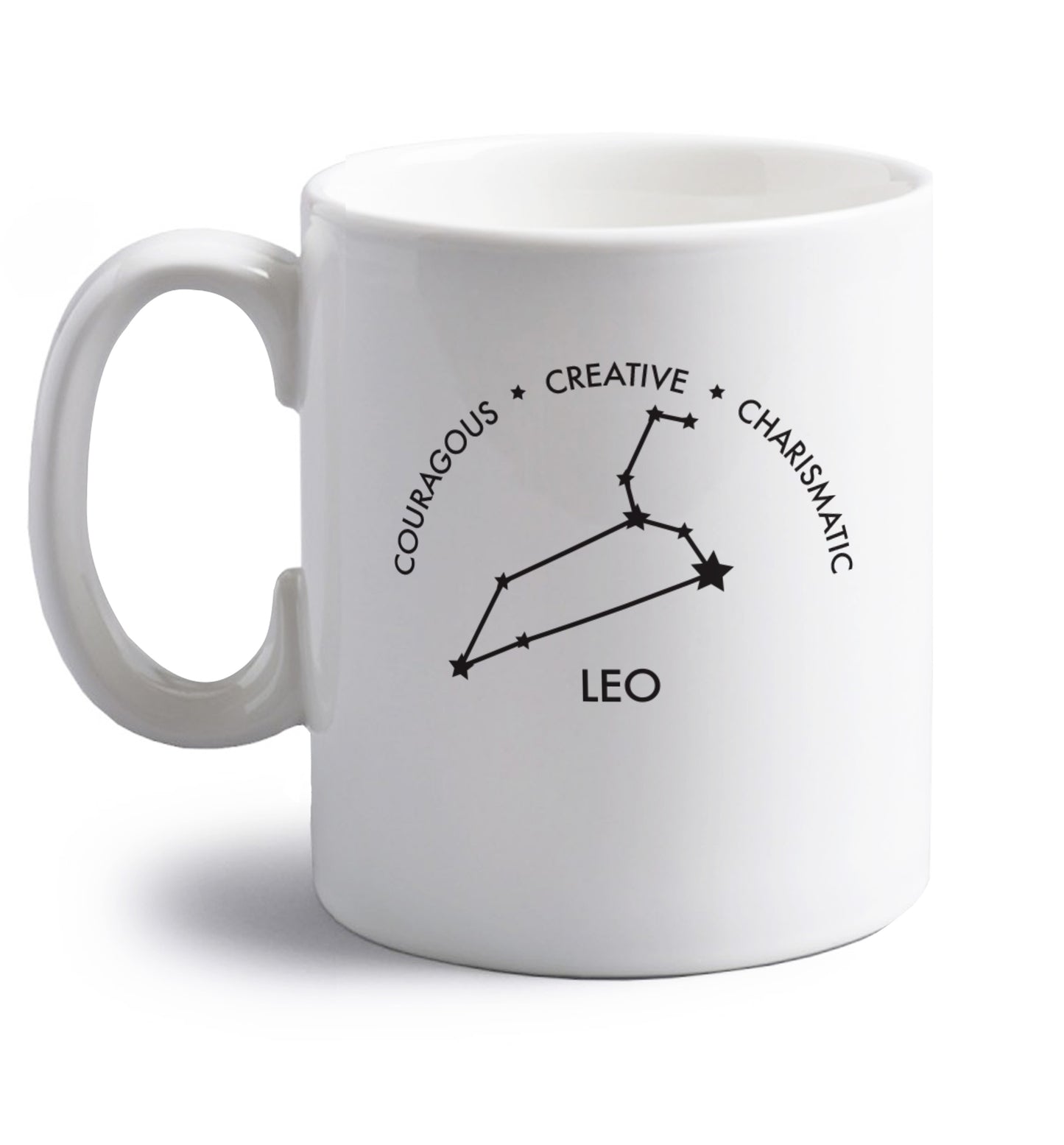 Leo - Courageous | Creative | Charismatic right handed white ceramic mug 