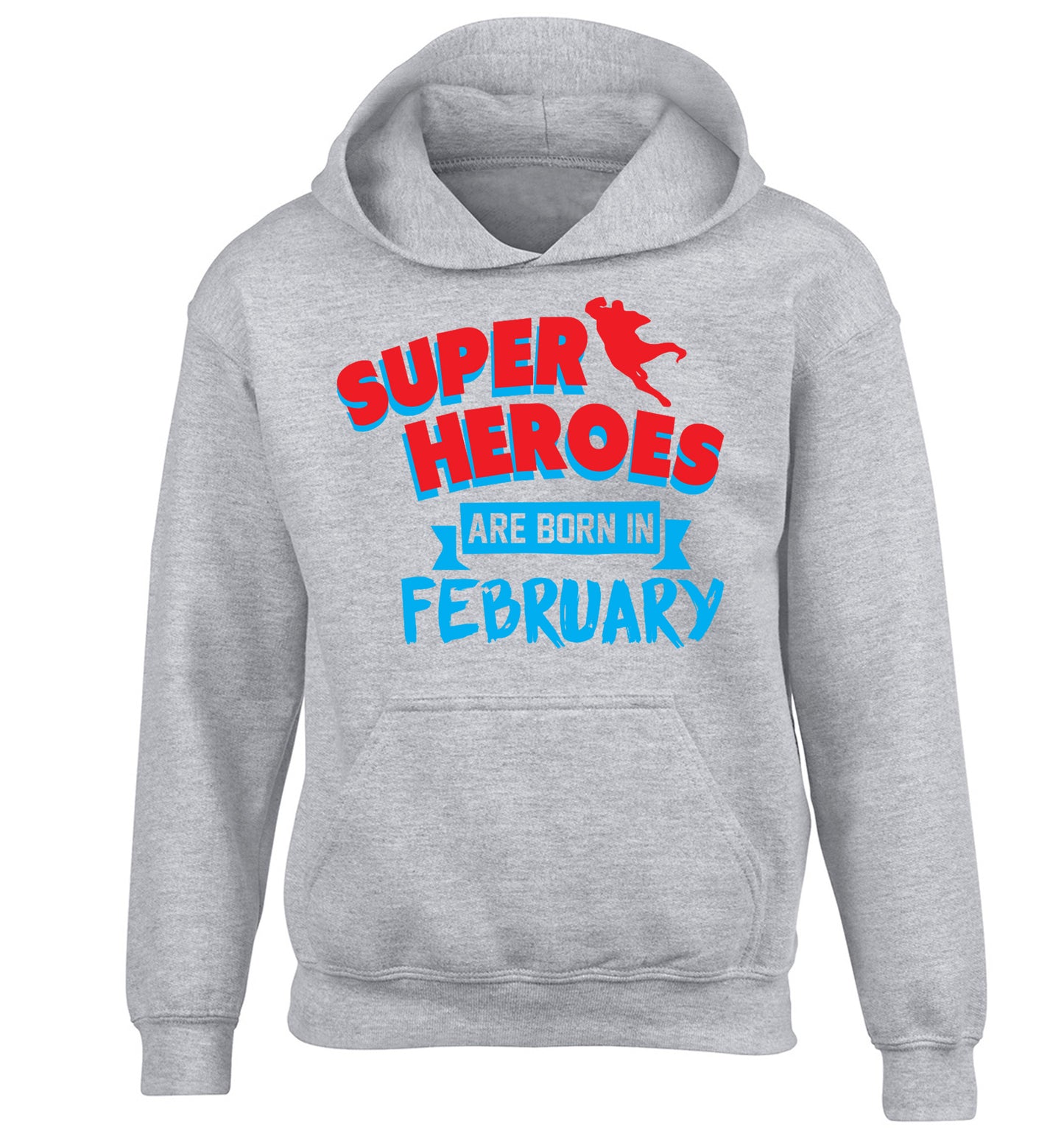 superheroes are born in February children's grey hoodie 12-13 Years