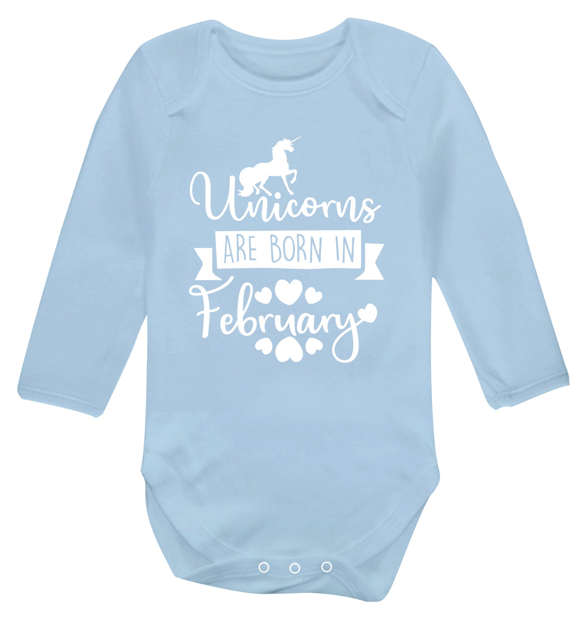 Unicorns are born in February Baby Vest long sleeved pale blue 6-12 months