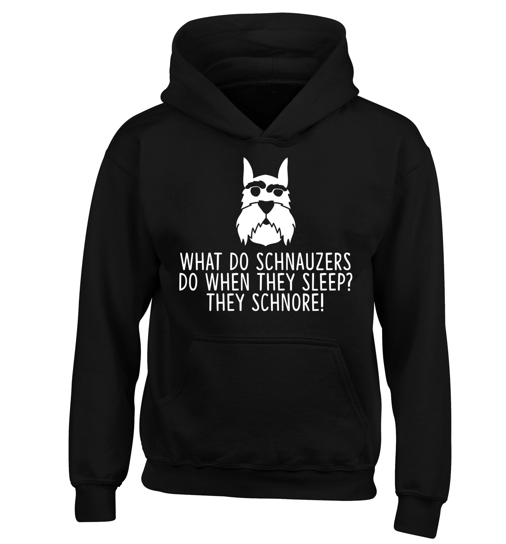 What do schnauzers do when they sleep? Schnore! children's black hoodie 12-13 Years
