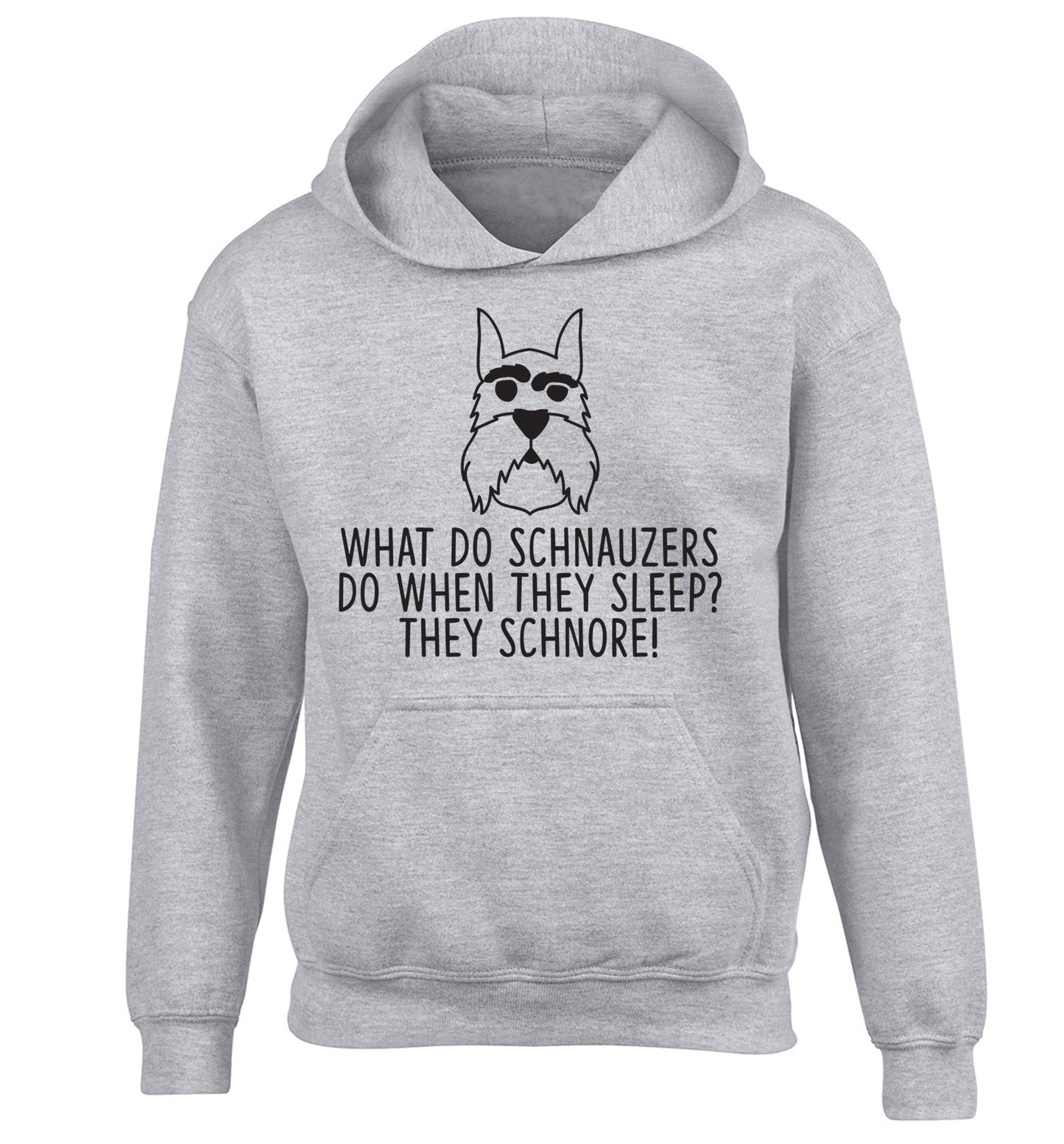 What do schnauzers do when they sleep? Schnore! children's grey hoodie 12-13 Years