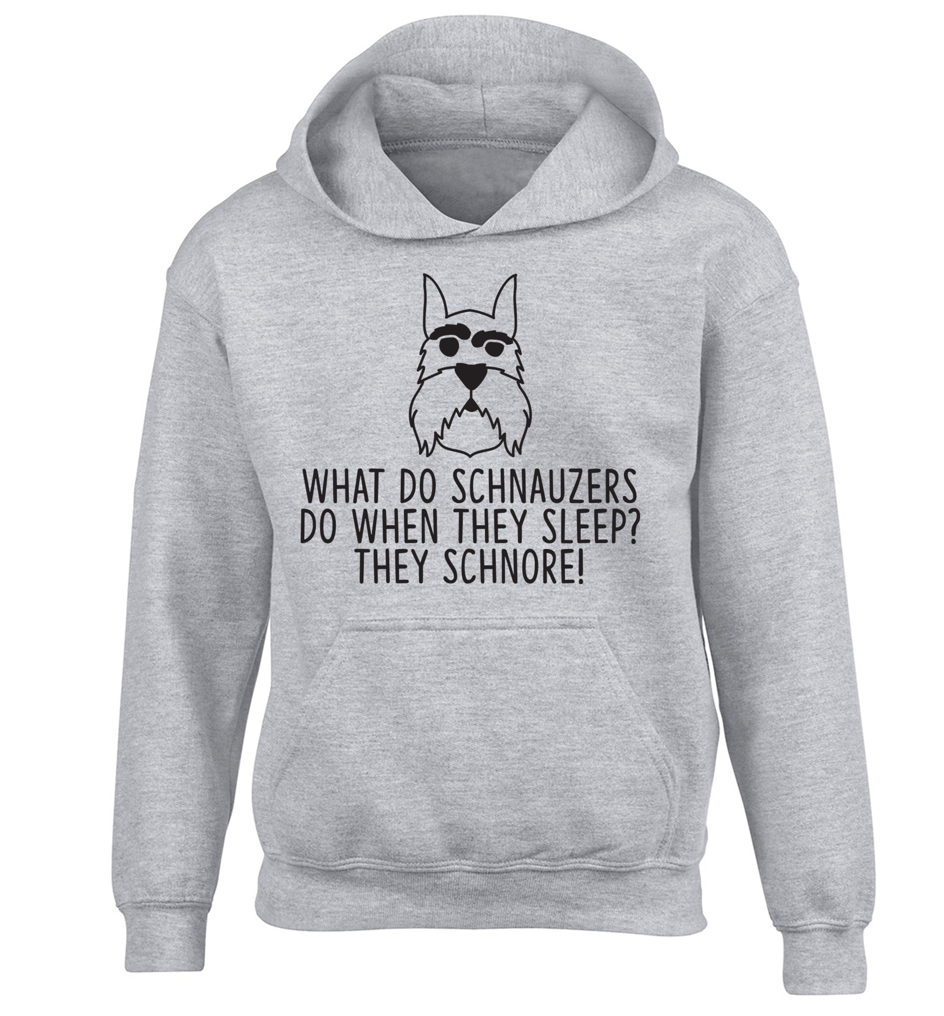 What do schnauzers do when they sleep? Schnore! children's grey hoodie 12-13 Years