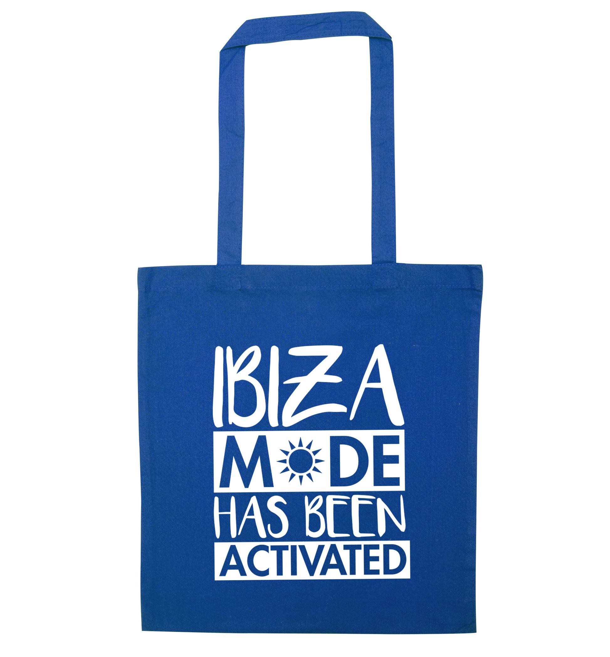 Ibiza mode has been activated blue tote bag
