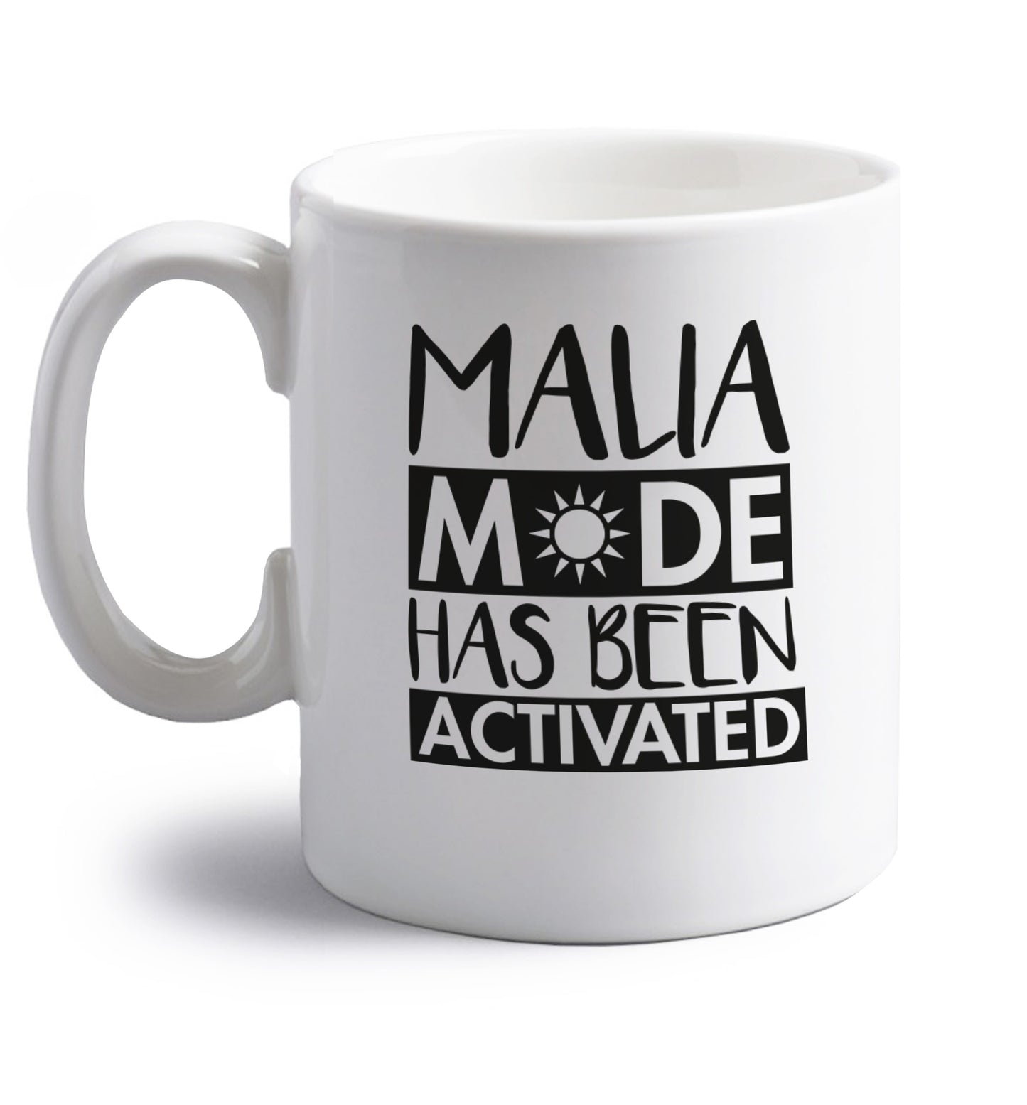 Malia mode has been activated right handed white ceramic mug 