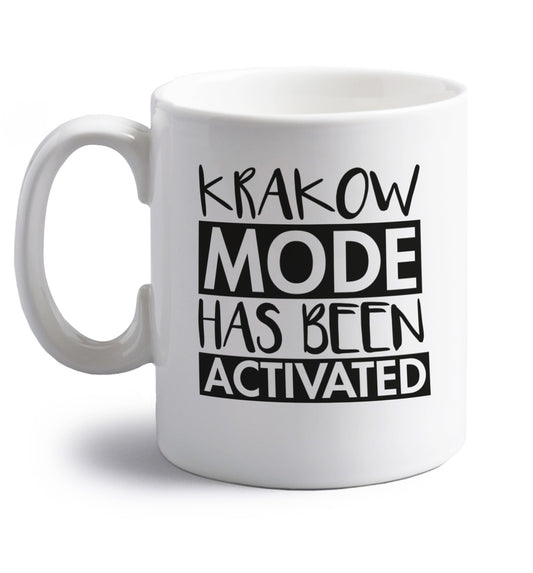Krakow mode has been activated right handed white ceramic mug 