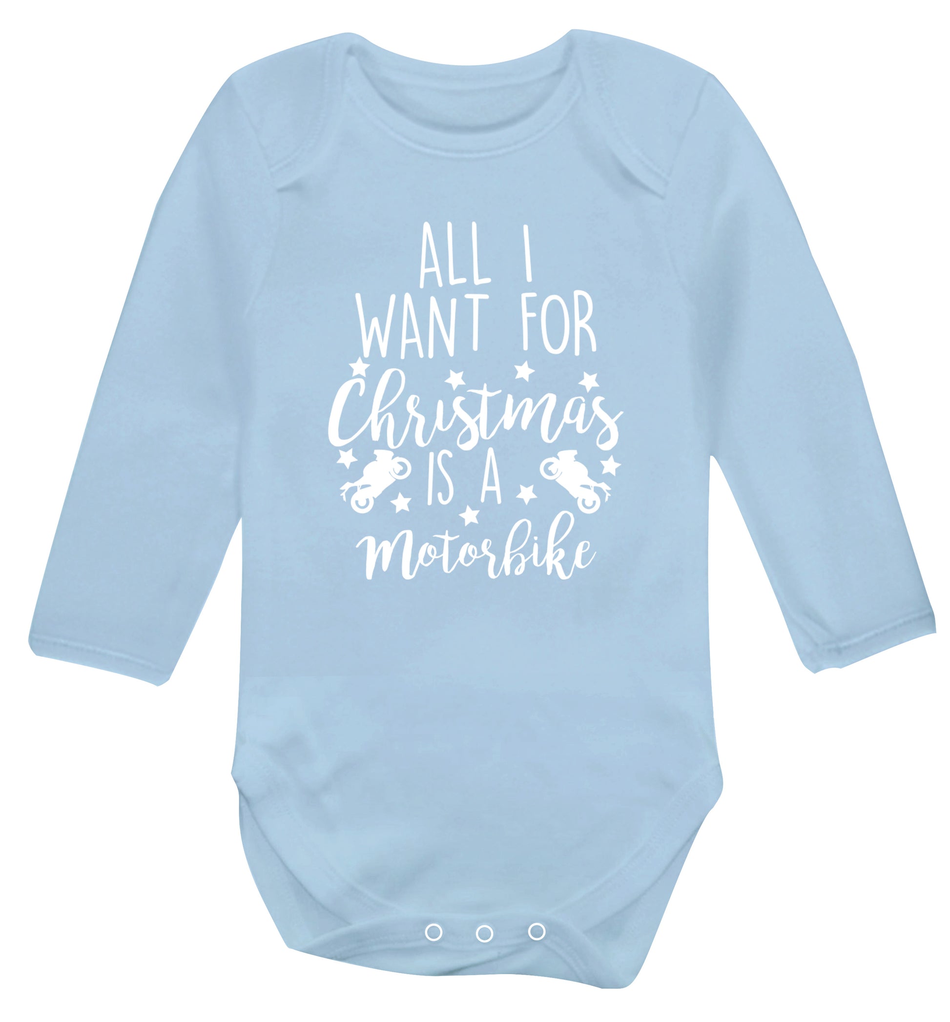 All I want for Christmas is a motorbike Baby Vest long sleeved pale blue 6-12 months