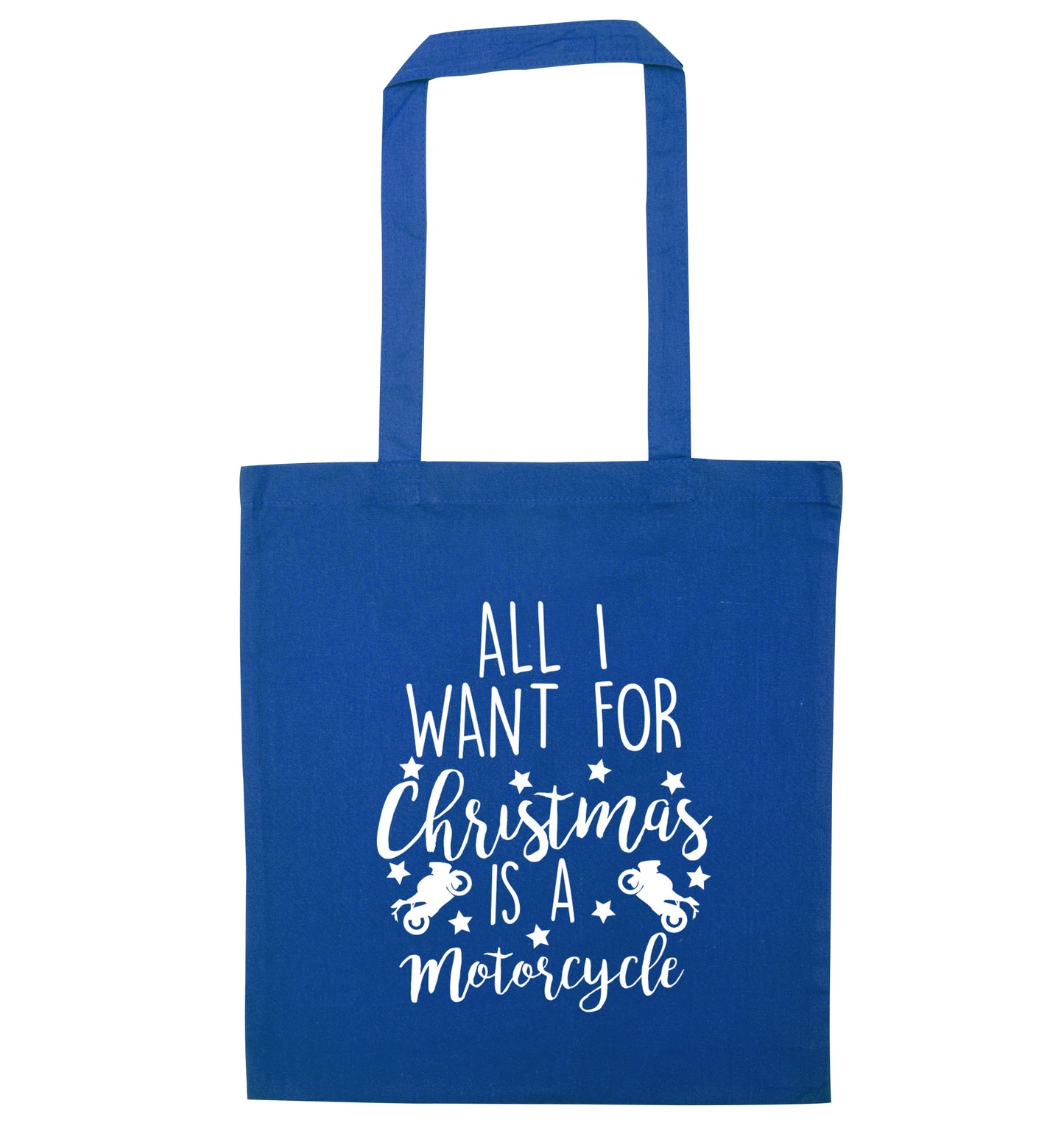 All I want for Christmas is a motorcycle blue tote bag