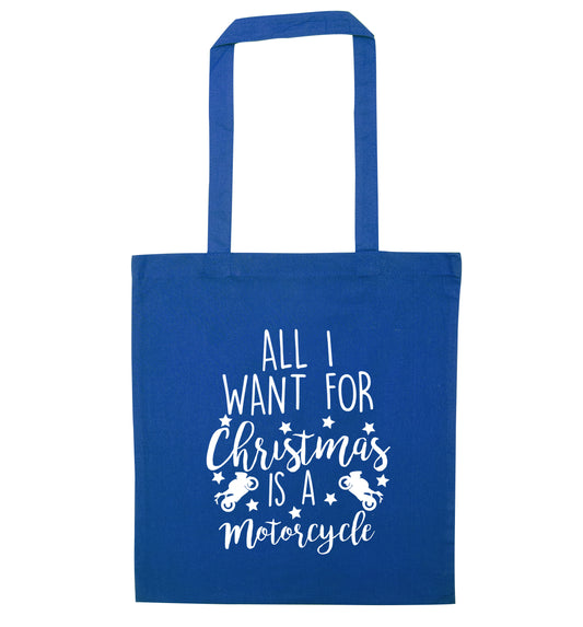 All I want for Christmas is a motorcycle blue tote bag