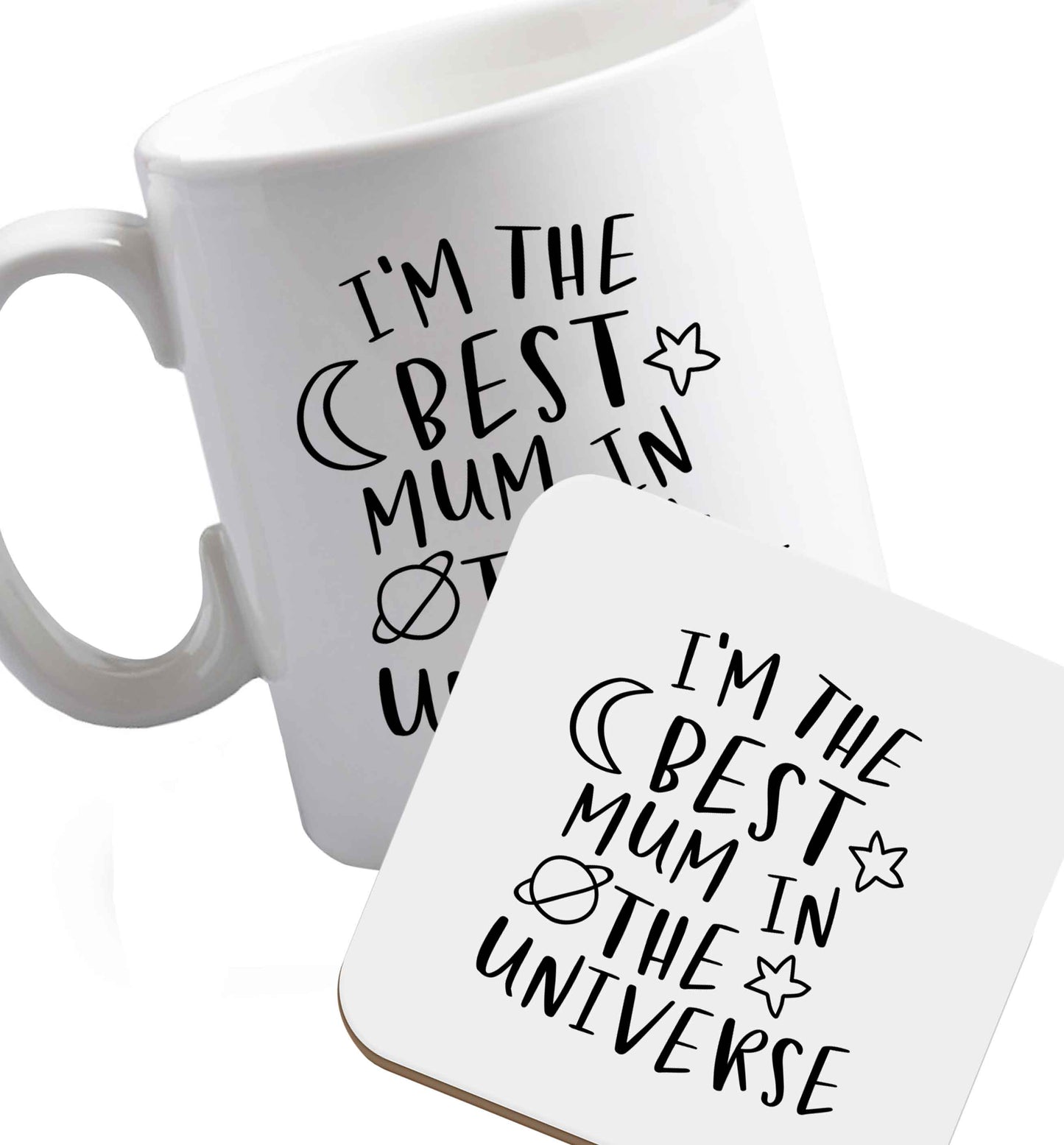 10 oz I'm the best mum in the universe ceramic mug and coaster set right handed