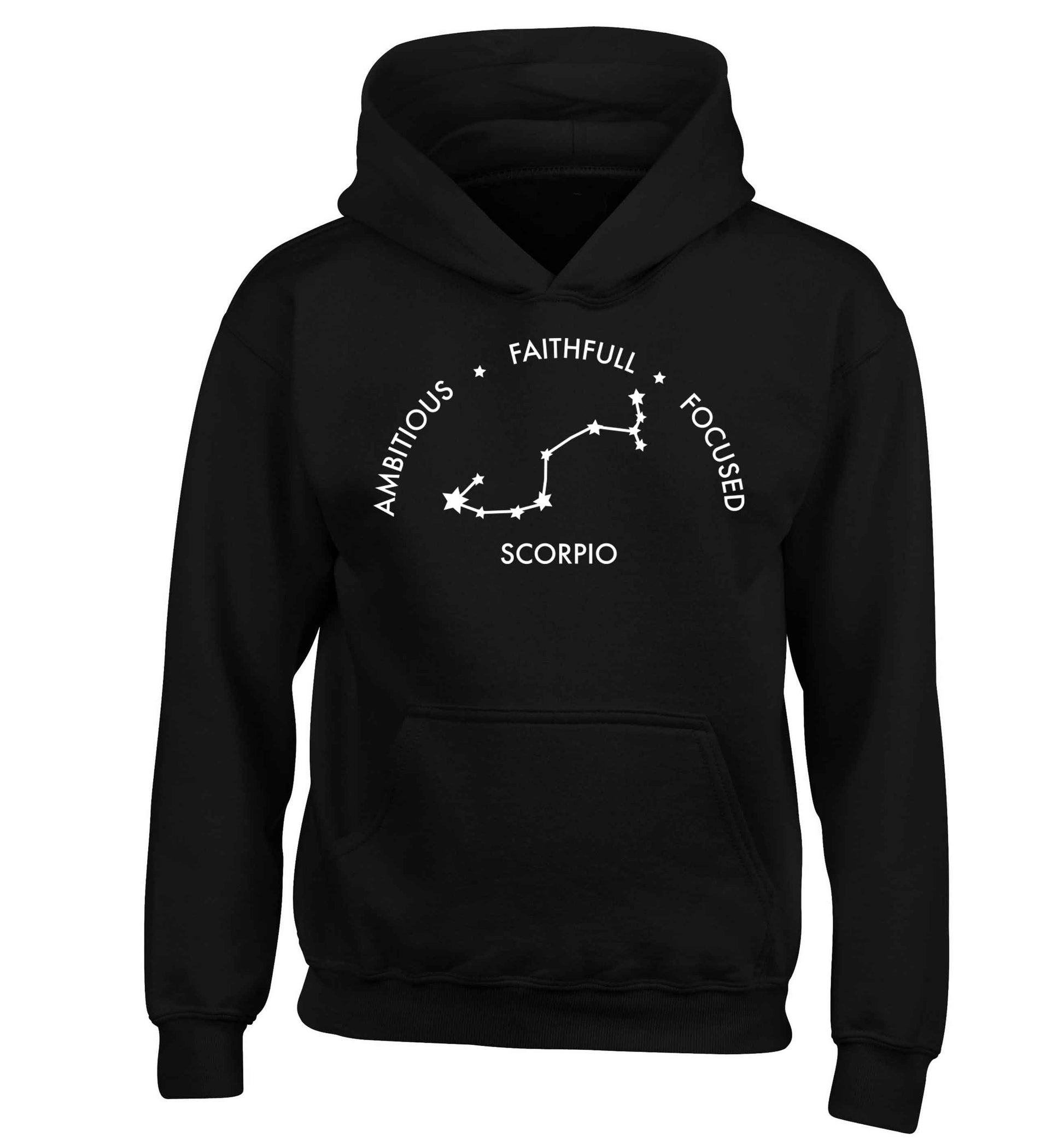 Scorpio, ambitious, faithfull, focused children's black hoodie 12-13 Years