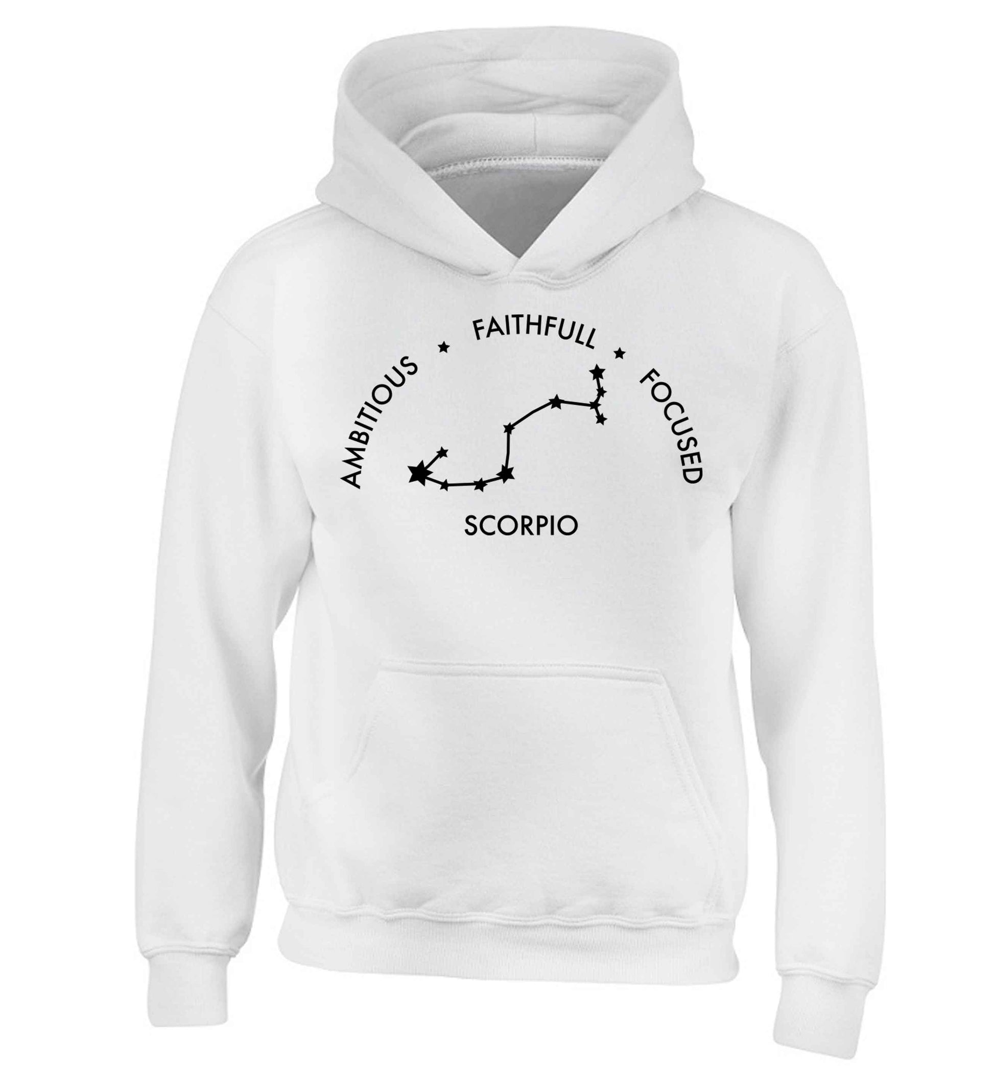 Scorpio, ambitious, faithfull, focused children's white hoodie 12-13 Years