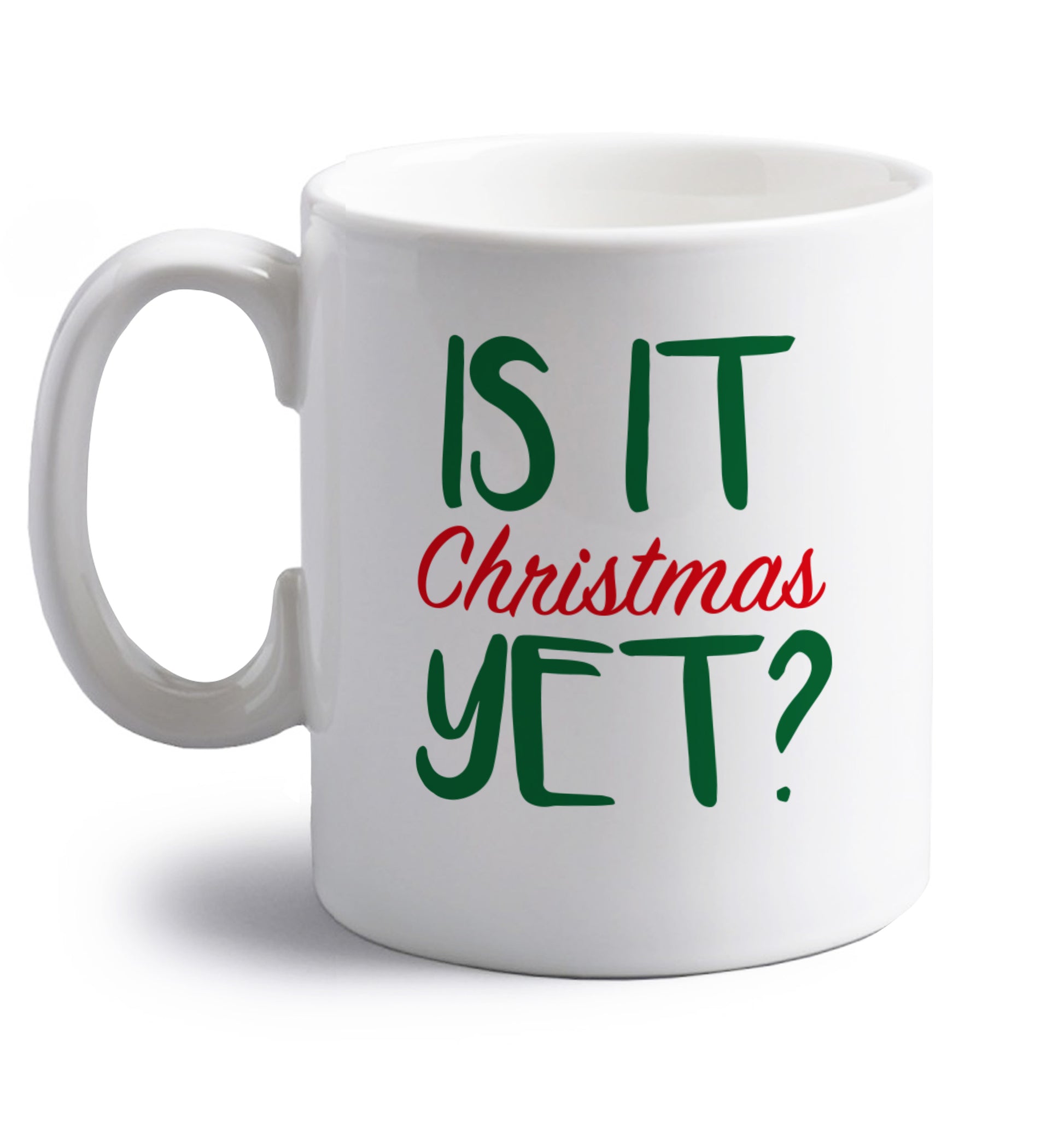 Is it Christmas yet? right handed white ceramic mug 