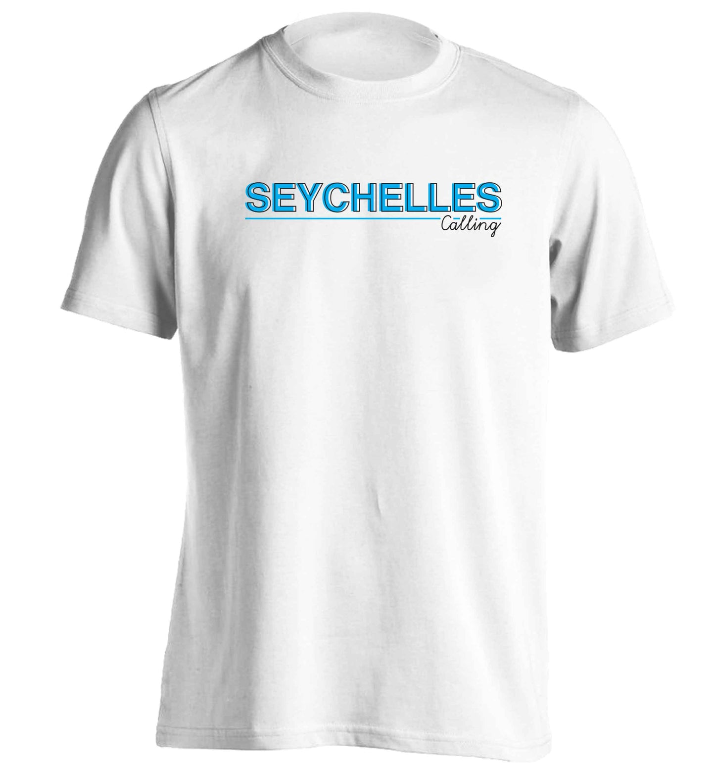 Seychelles calling adults unisex white Tshirt 2XL