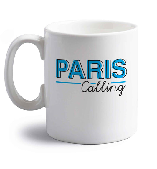 Paris calling right handed white ceramic mug 
