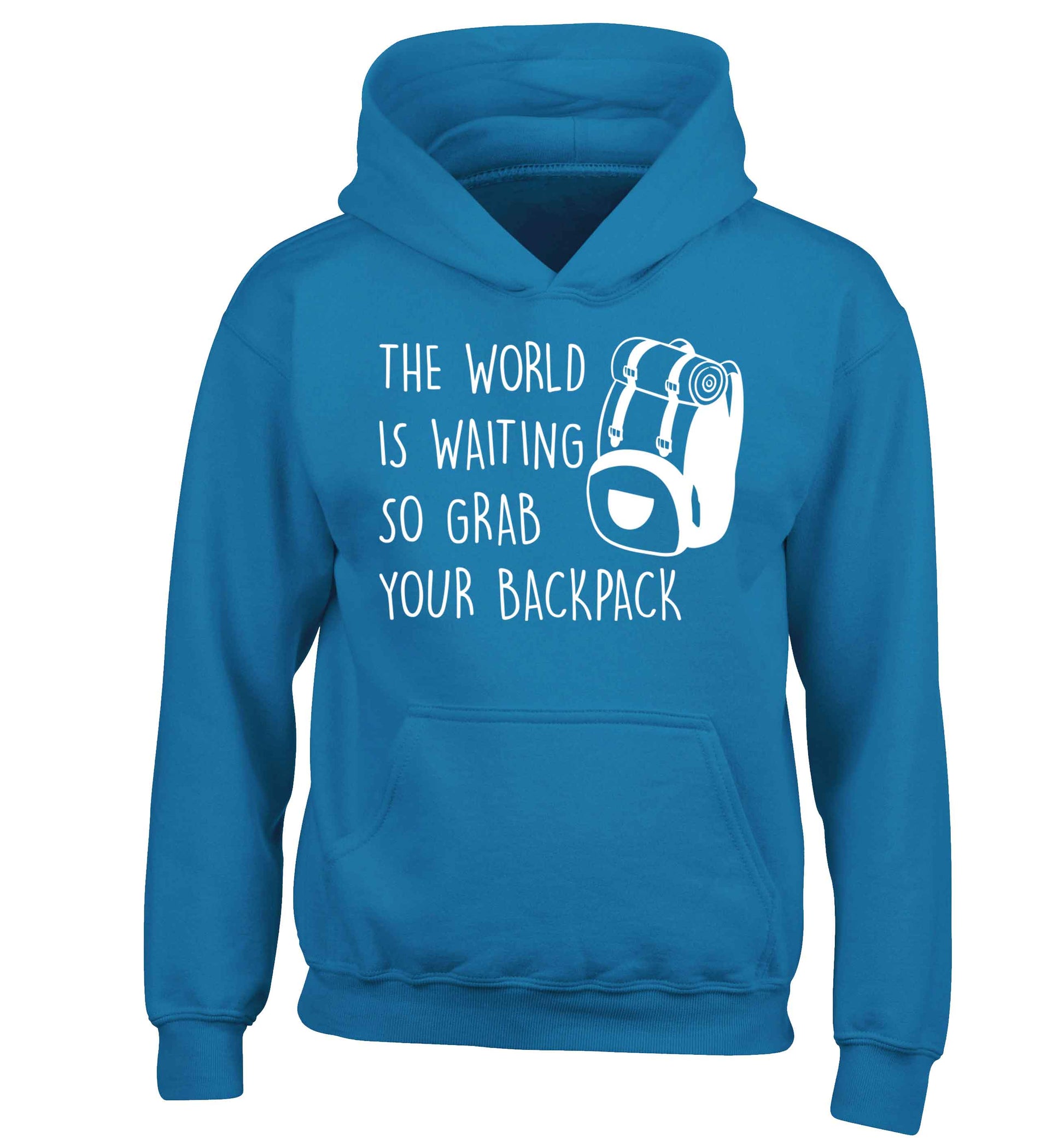 The world is waiting so grab your backpack children's blue hoodie 12-13 Years