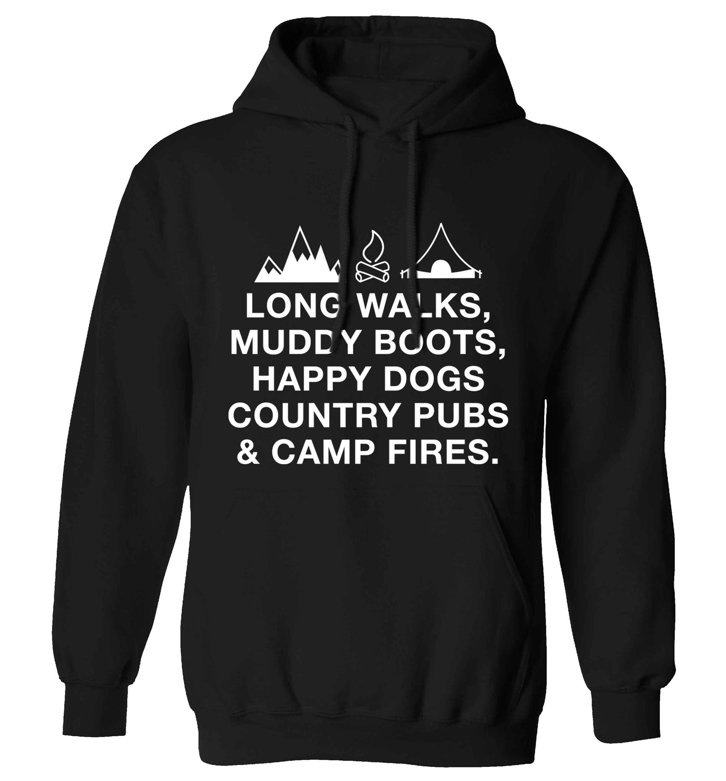 Long walks muddy boots happy dogs country pubs and camp fires adults unisex black hoodie 2XL
