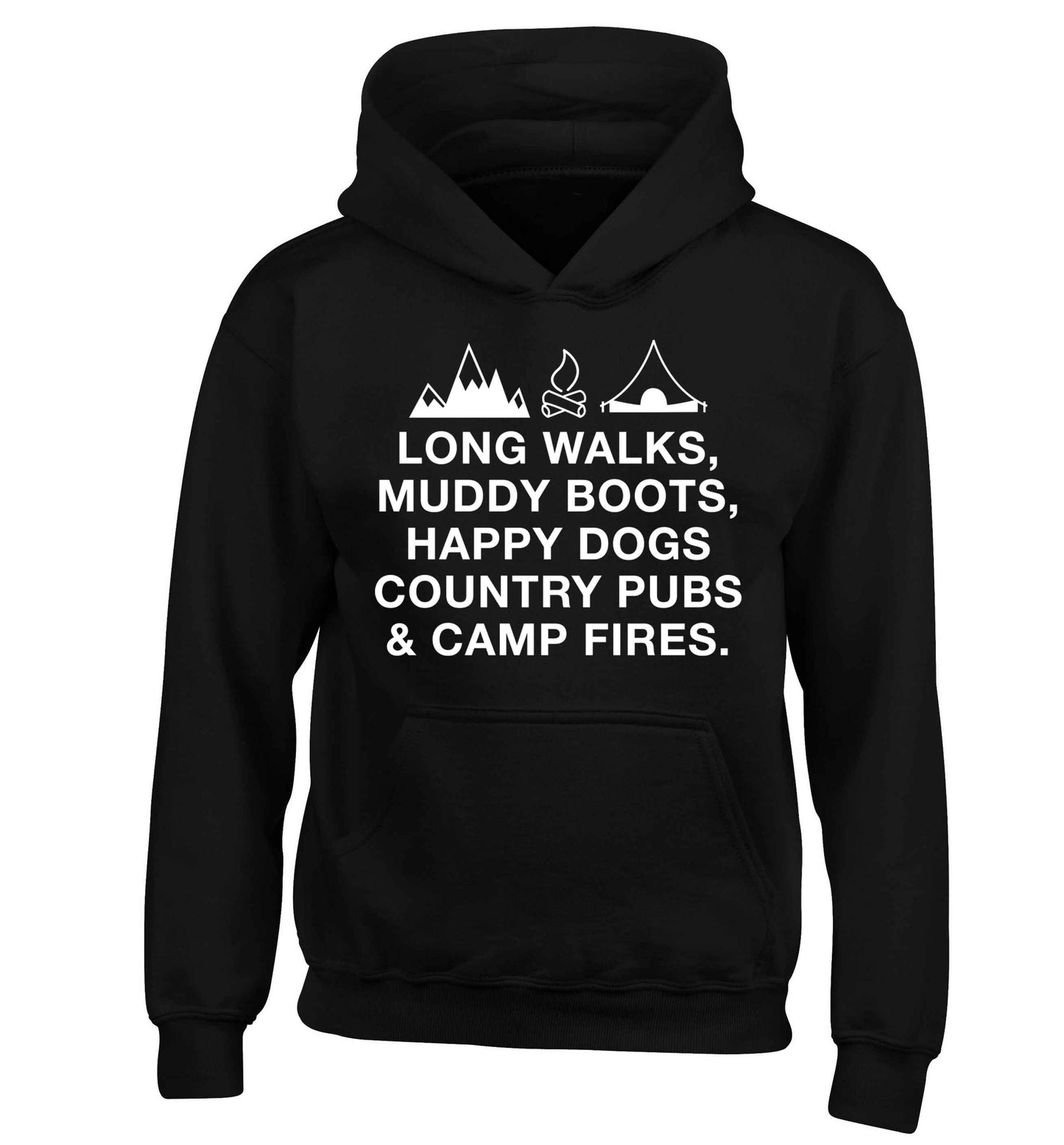 Long walks muddy boots happy dogs country pubs and camp fires children's black hoodie 12-13 Years