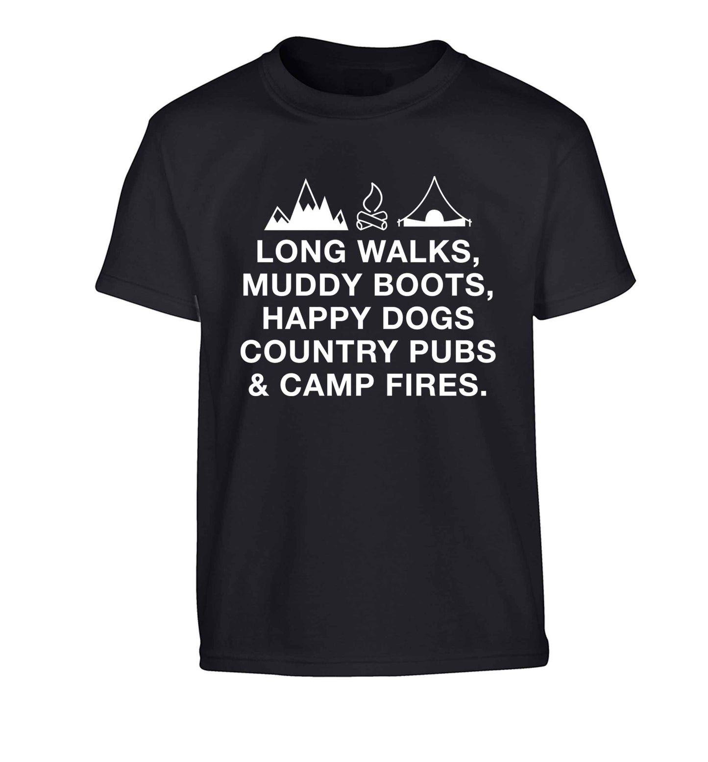 Long walks muddy boots happy dogs country pubs and camp fires Children's black Tshirt 12-13 Years