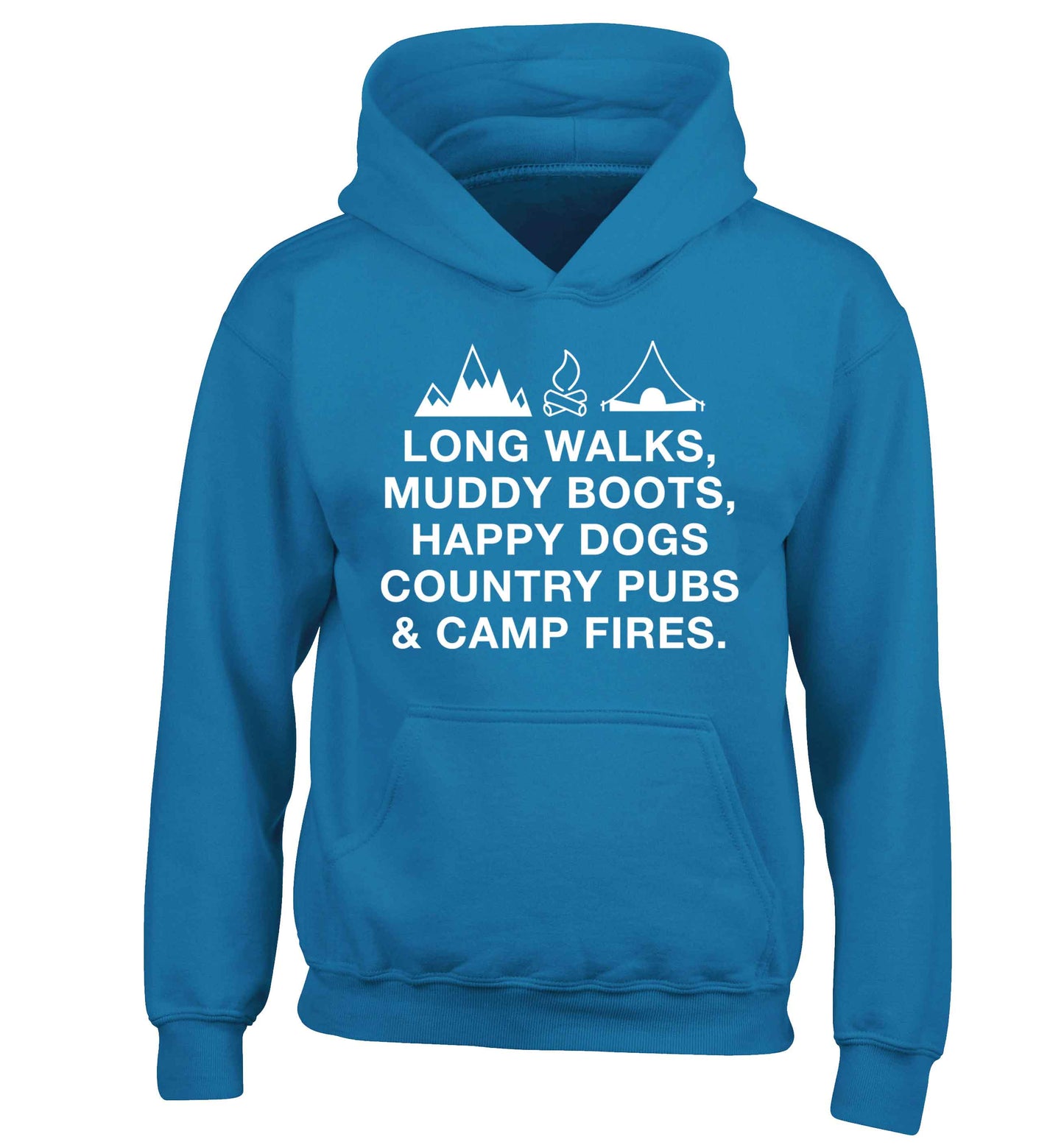 Long walks muddy boots happy dogs country pubs and camp fires children's blue hoodie 12-13 Years