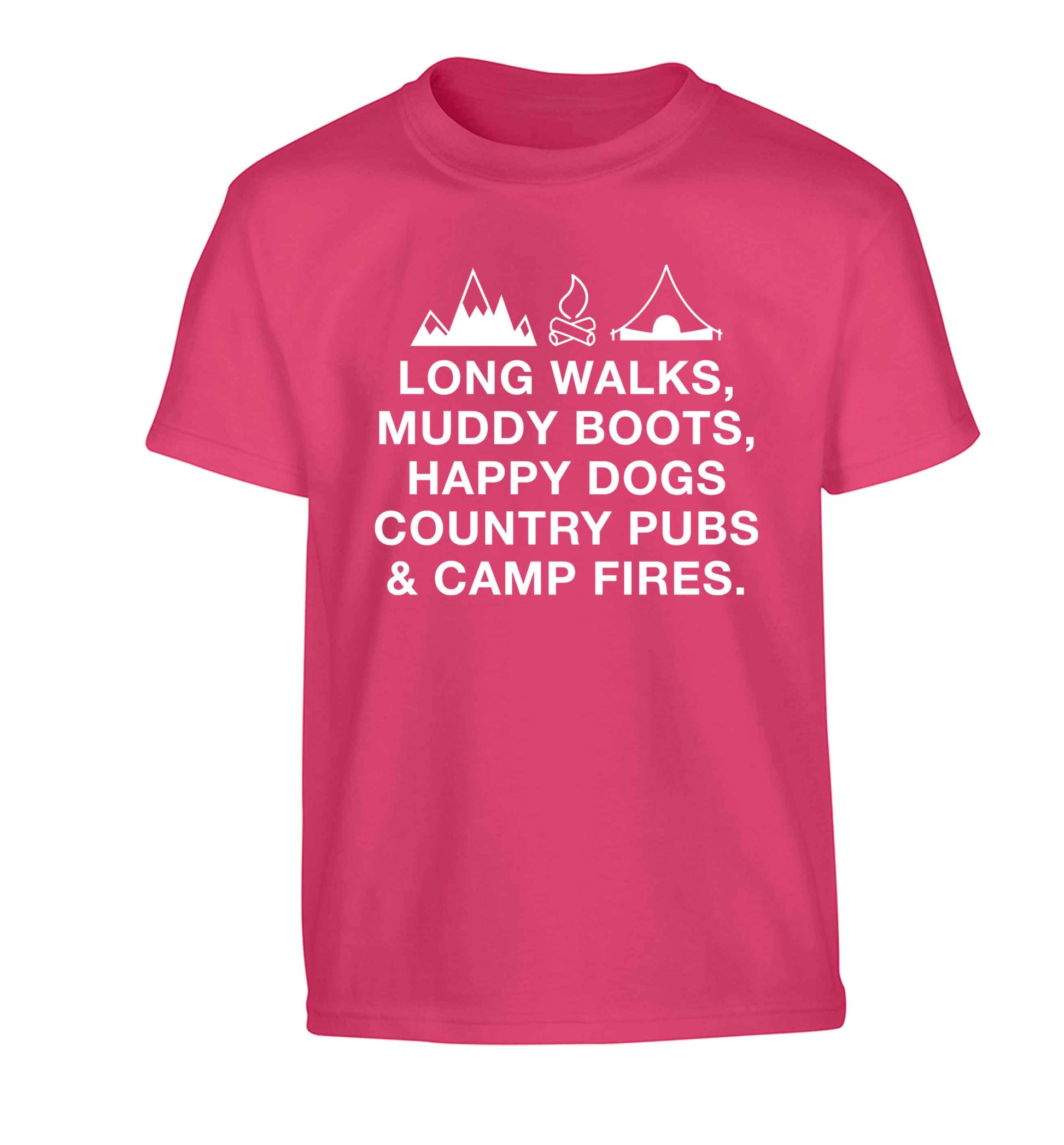 Long walks muddy boots happy dogs country pubs and camp fires Children's pink Tshirt 12-13 Years