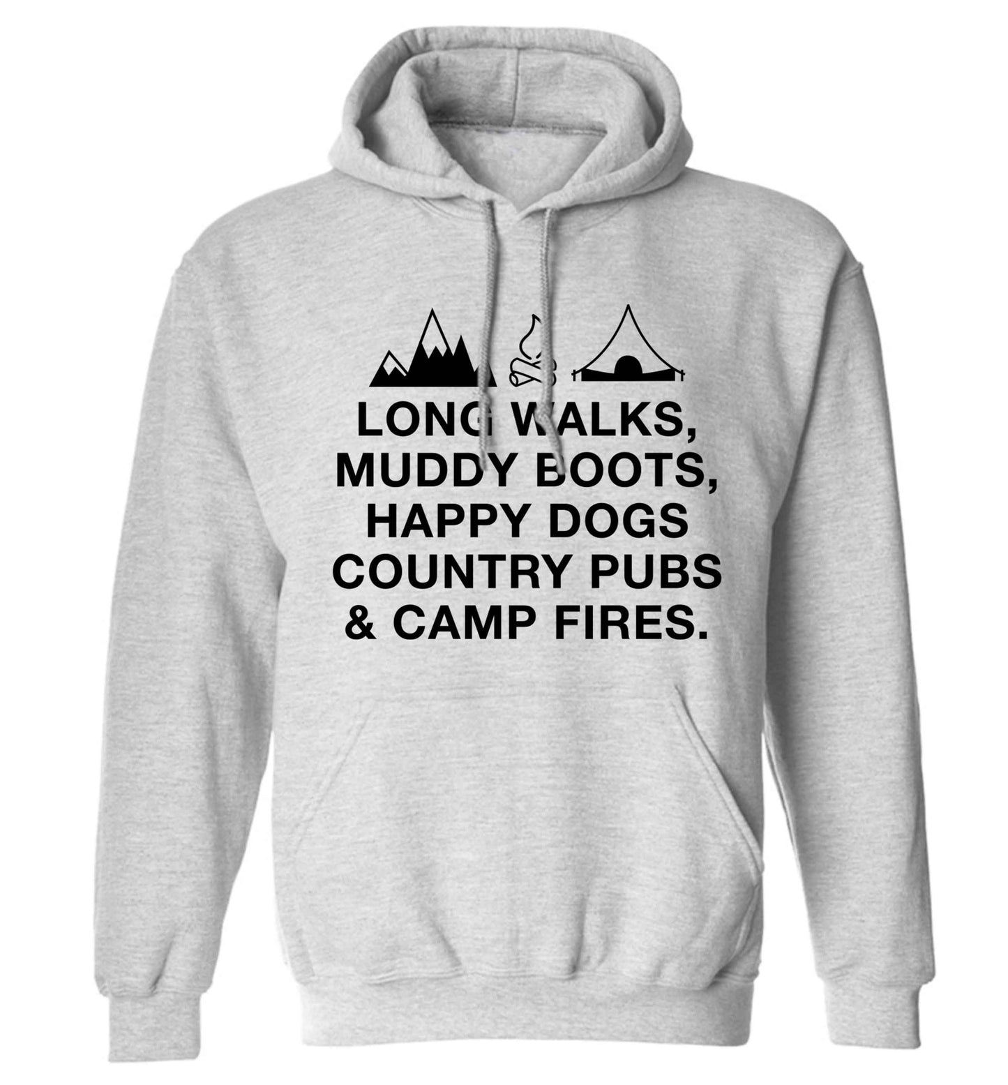 Long walks muddy boots happy dogs country pubs and camp fires adults unisex grey hoodie 2XL