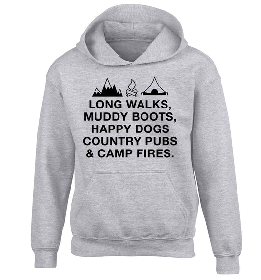 Long walks muddy boots happy dogs country pubs and camp fires children's grey hoodie 12-13 Years