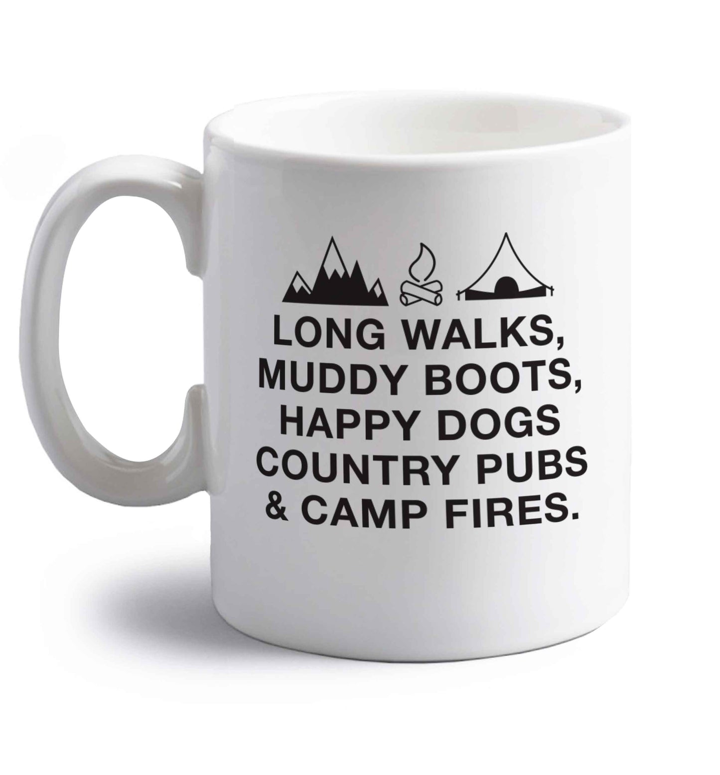Long walks muddy boots happy dogs country pubs and camp fires right handed white ceramic mug 