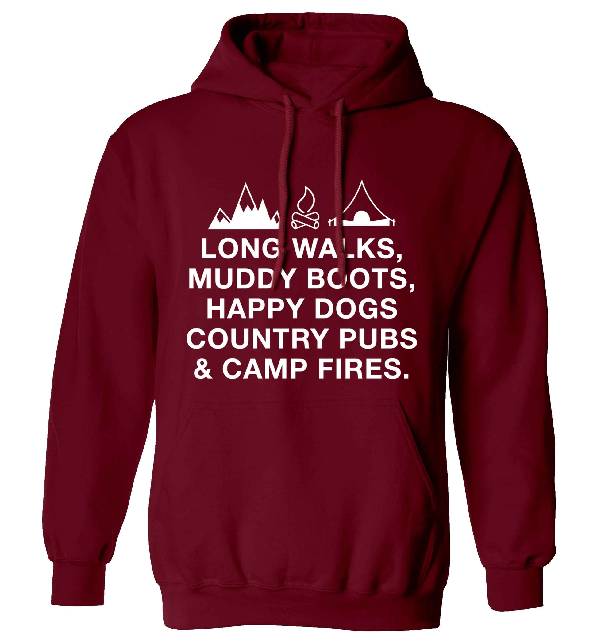 Long walks muddy boots happy dogs country pubs and camp fires adults unisex maroon hoodie 2XL