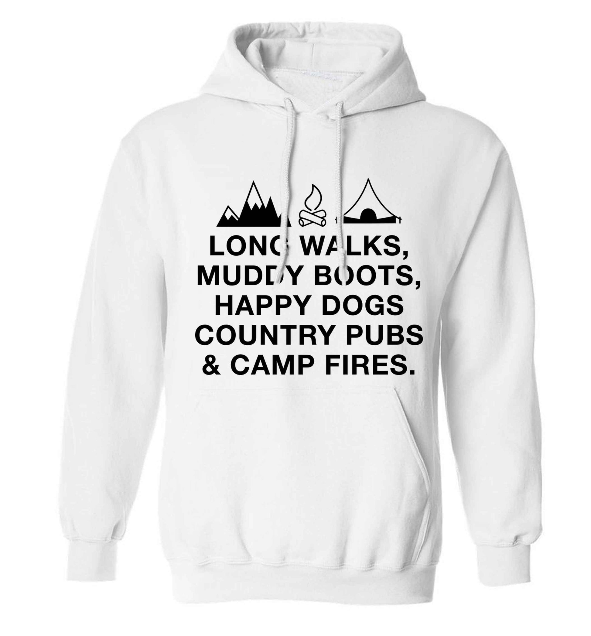 Long walks muddy boots happy dogs country pubs and camp fires adults unisex white hoodie 2XL